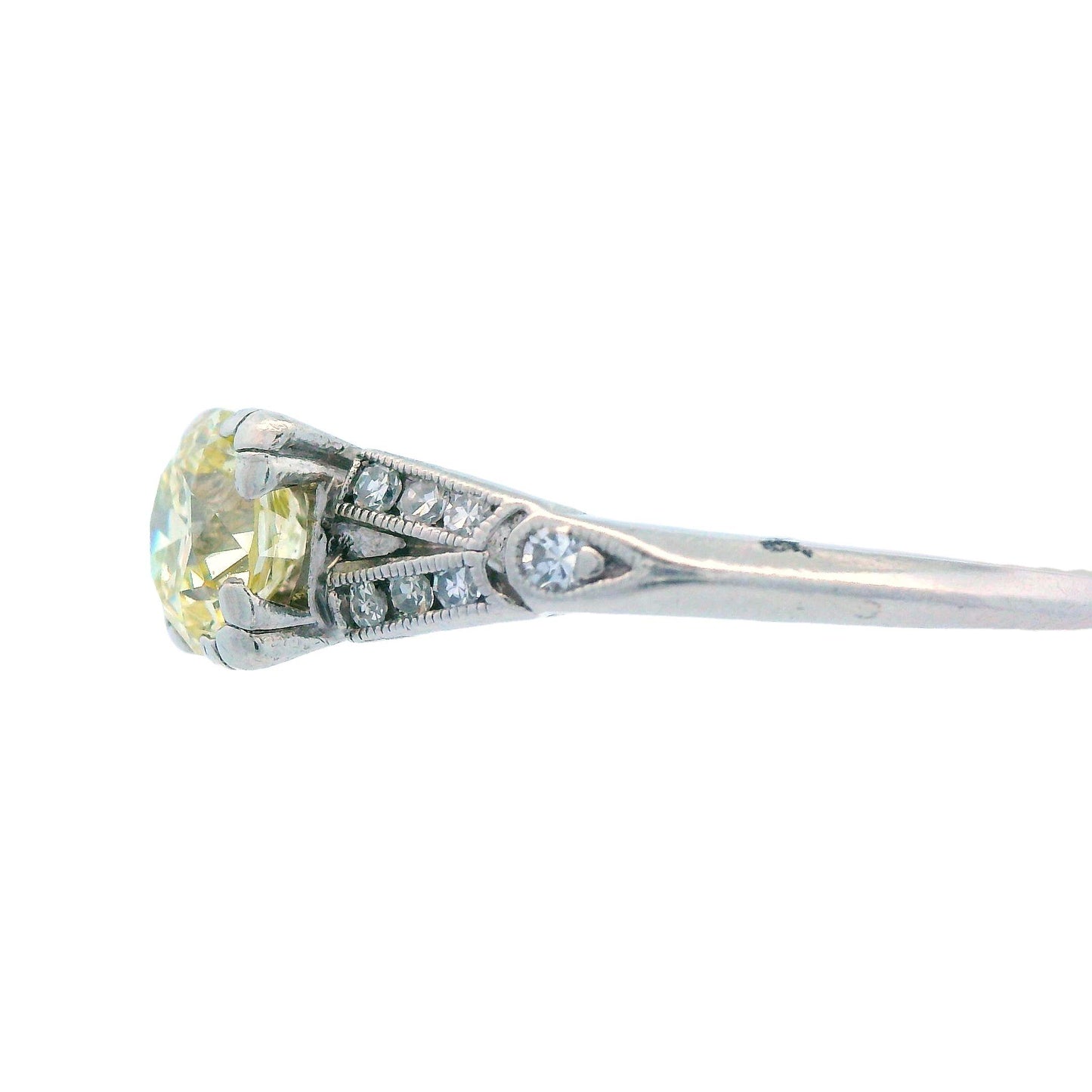 Art Deco Platinum and Fancy Yellow Diamond Engagement Ring