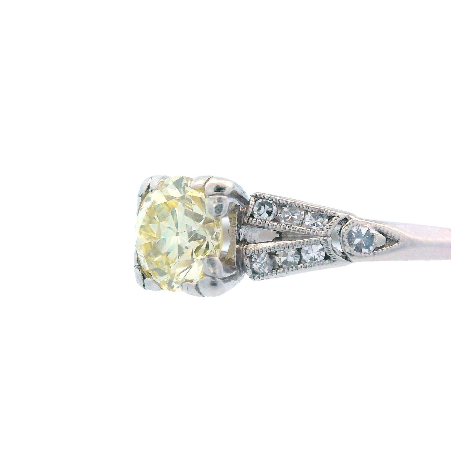 Art Deco Platinum and Fancy Yellow Diamond Engagement Ring