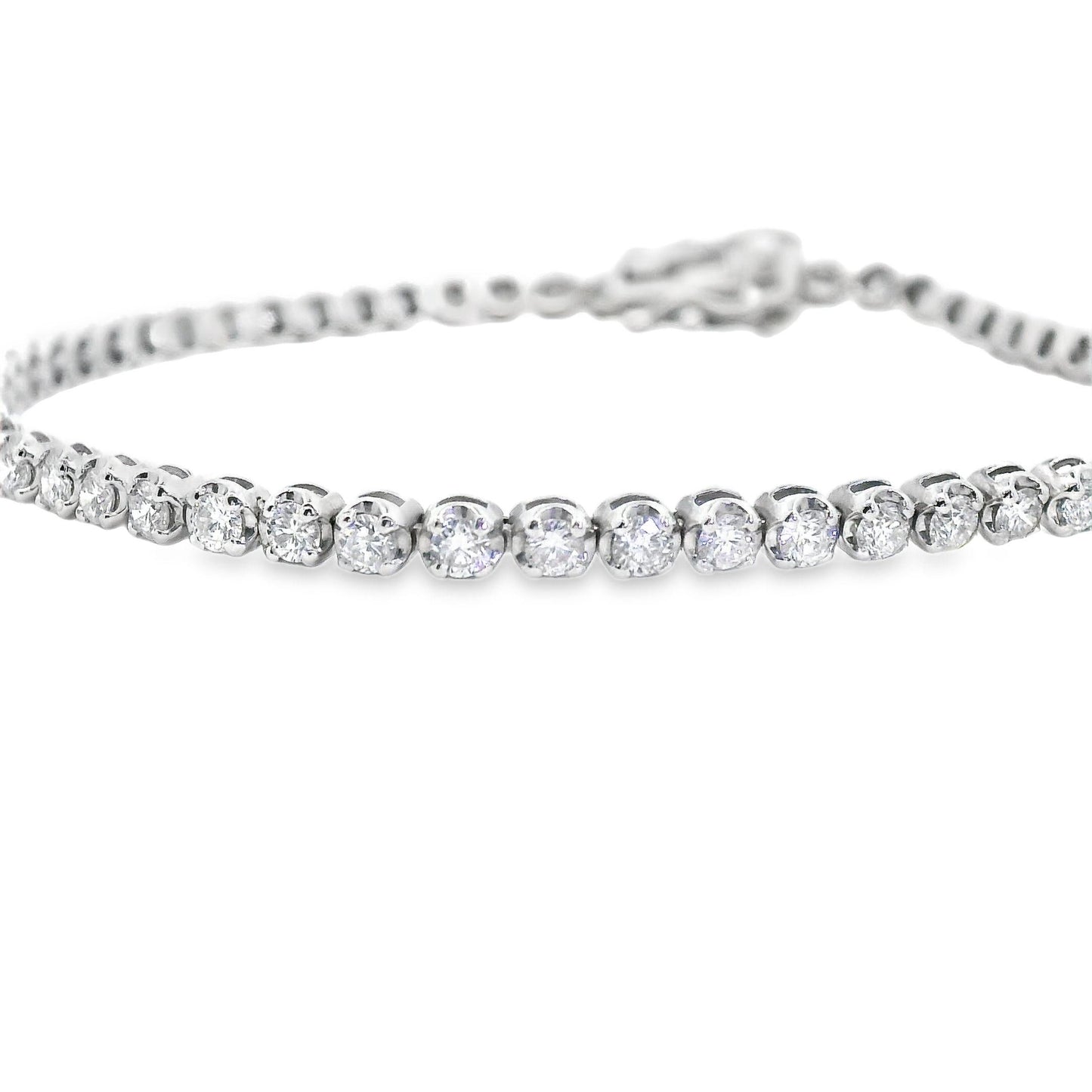 Front view of a stunning 14K white gold diamond tennis bracelet, featuring sparkling diamonds set in a sleek, elegant design, in Lexington, Kentucky.