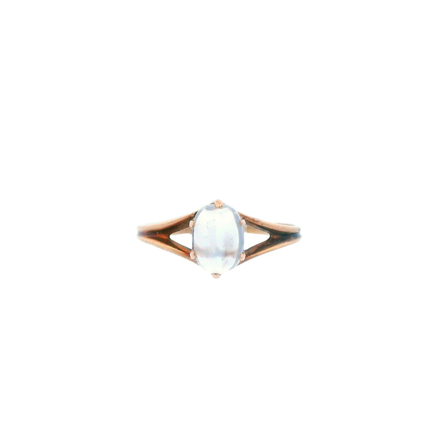 Front view of the 14k rose gold 1890 Victorian ring featuring a stunning cat’s eye moonstone cabochon at the center.