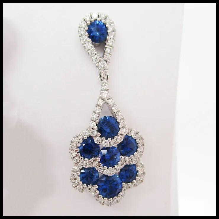 18 Karat White Gold Diamond and Royal Blue Sapphire Dangle Earrings