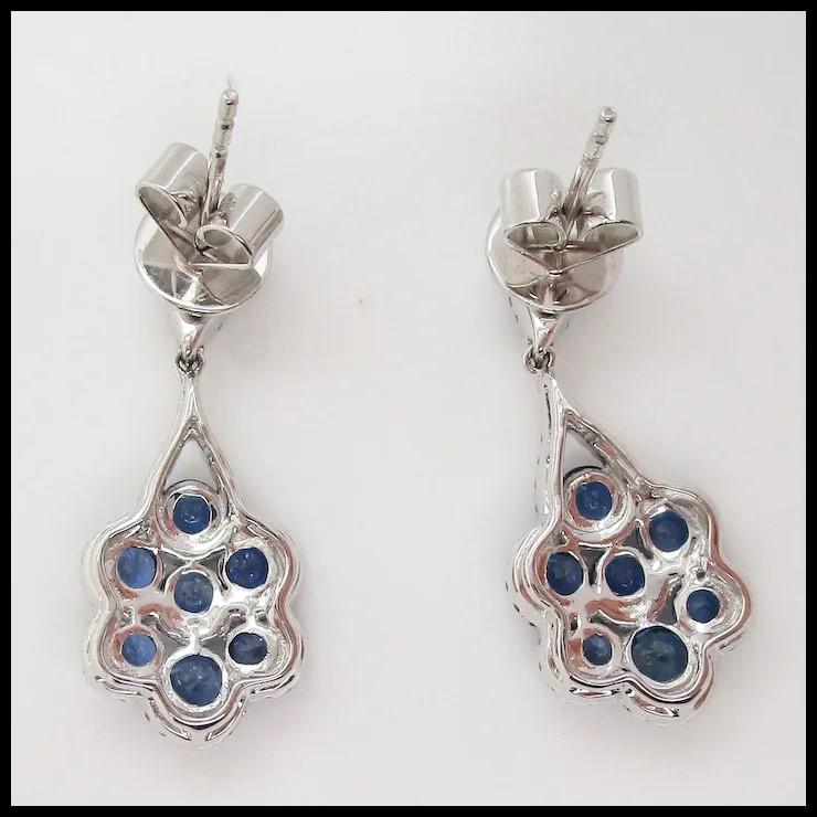 18 Karat White Gold Diamond and Royal Blue Sapphire Dangle Earrings