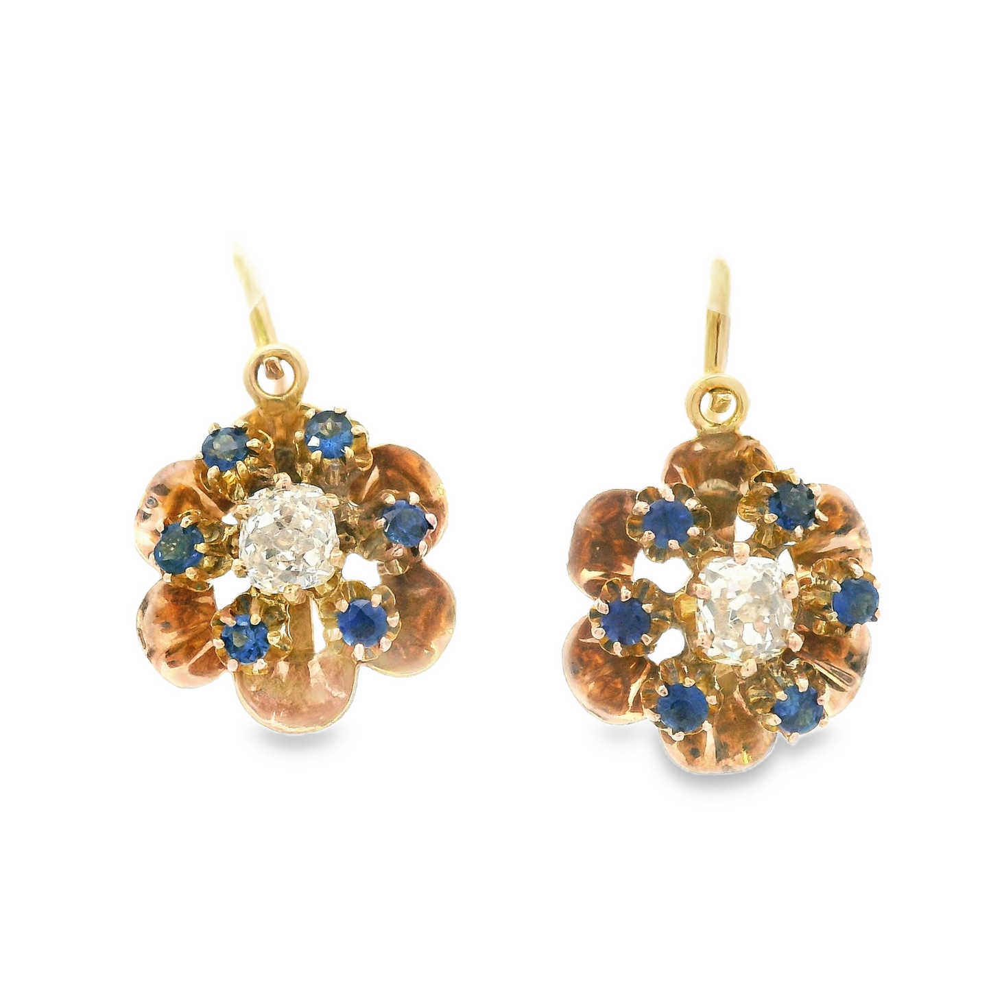 Front view of 1890 Victorian 14K rose gold diamond and sapphire flower drop earrings, showcasing their intricate flower design with sparkling diamonds and vibrant sapphires, in Lexington, Kentucky.