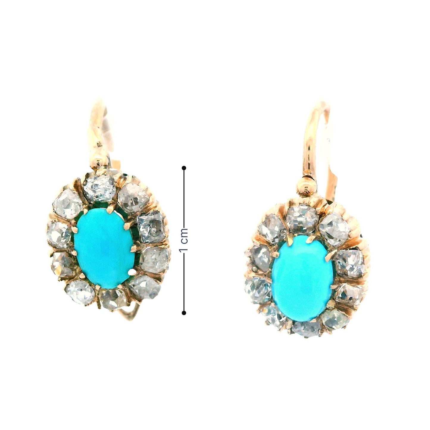 1880 Victorian Russian 14 Karat Gold Turquoise Diamond Drop Earrings