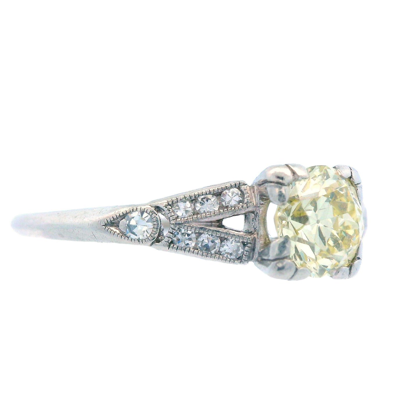 Art Deco Platinum and Fancy Yellow Diamond Engagement Ring