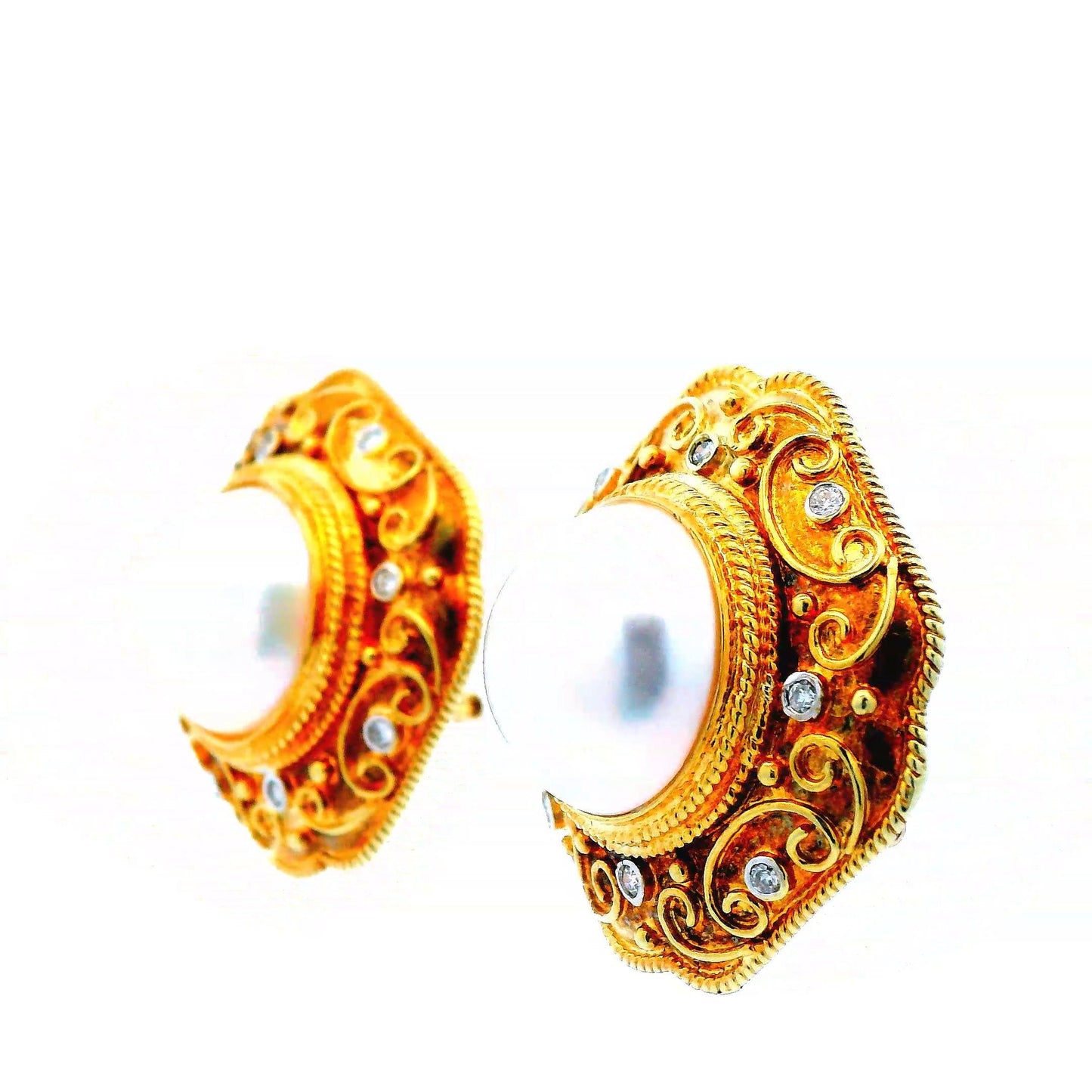 14K Yellow Gold 14.5mm Mabe Peal and Diamond Earrings