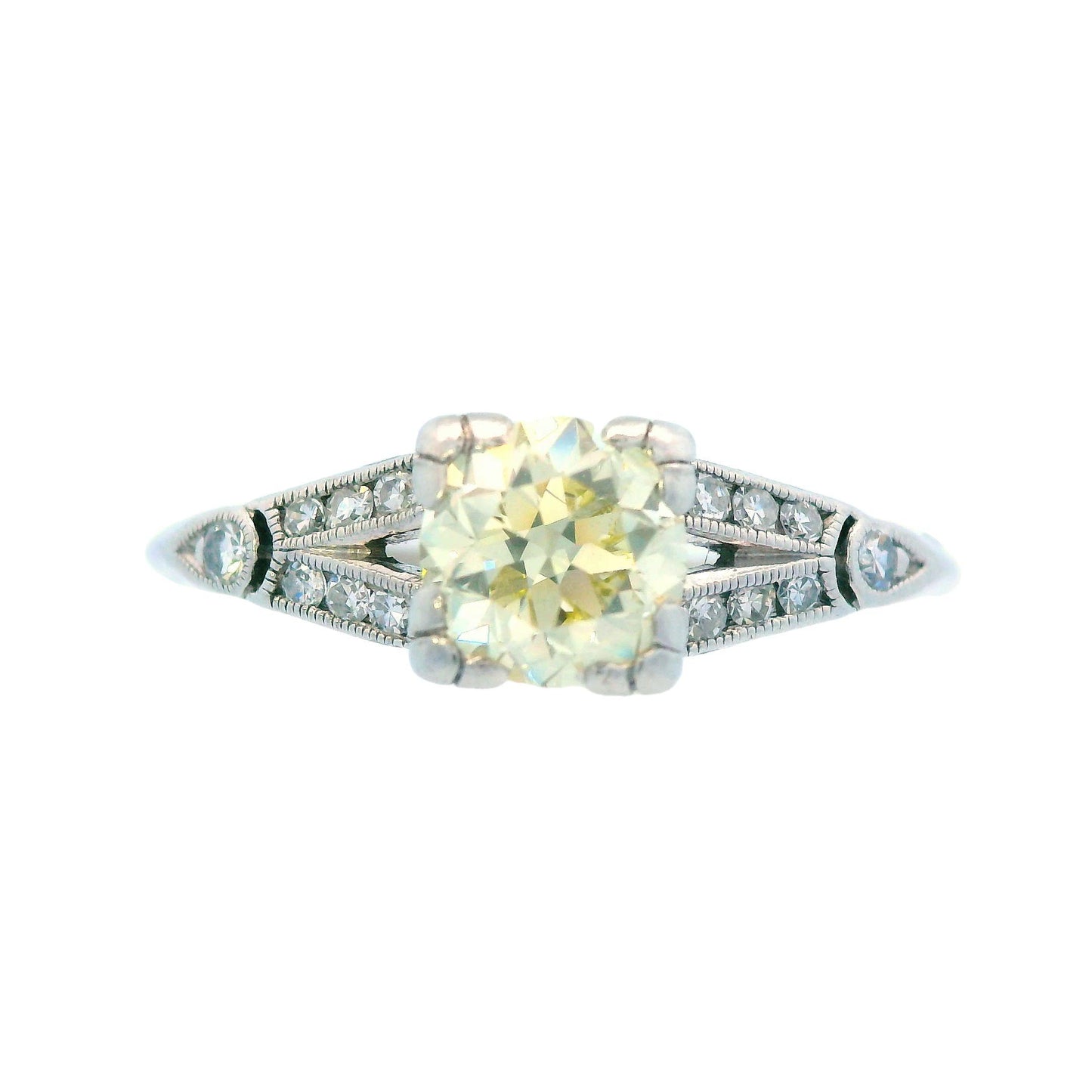 Art Deco Platinum and Fancy Yellow Diamond Engagement Ring