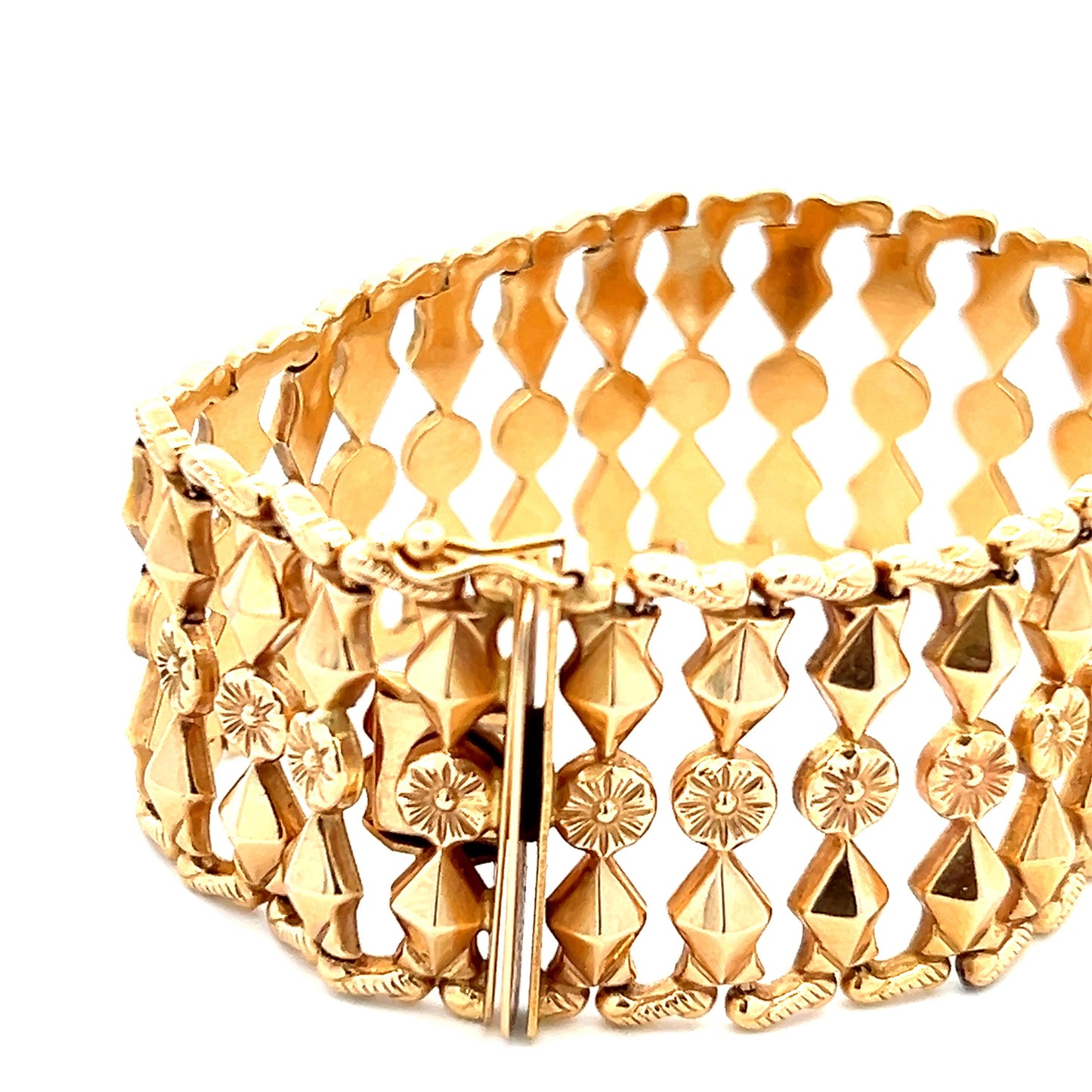 1950s 18k Yellow Gold Italian Fancy Link Bracelet 1 Inch Wide