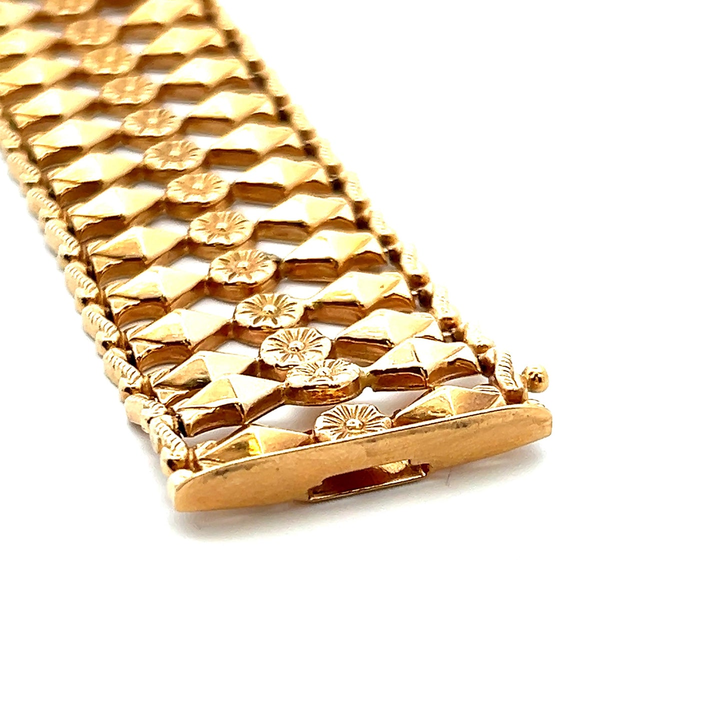 1950s 18k Yellow Gold Italian Fancy Link Bracelet 1 Inch Wide