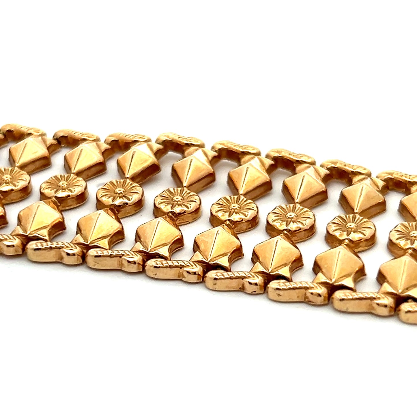 1950s 18k Yellow Gold Italian Fancy Link Bracelet 1 Inch Wide