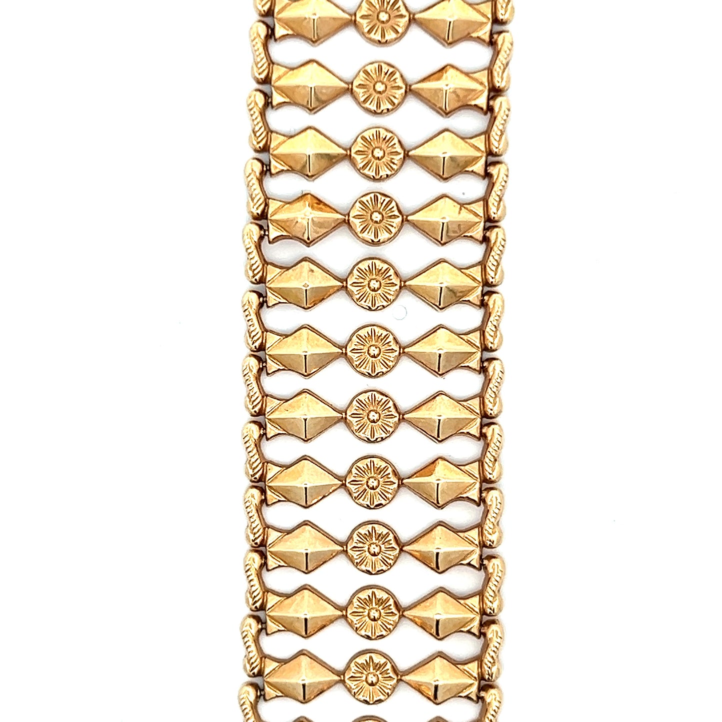 1950s 18k Yellow Gold Italian Fancy Link Bracelet 1 Inch Wide