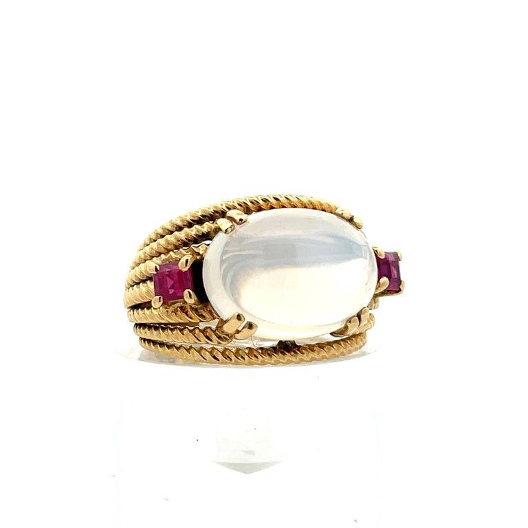 18K Yellow Gold Contemporary-Designer handmade Moonstone & RED Ruby Ring