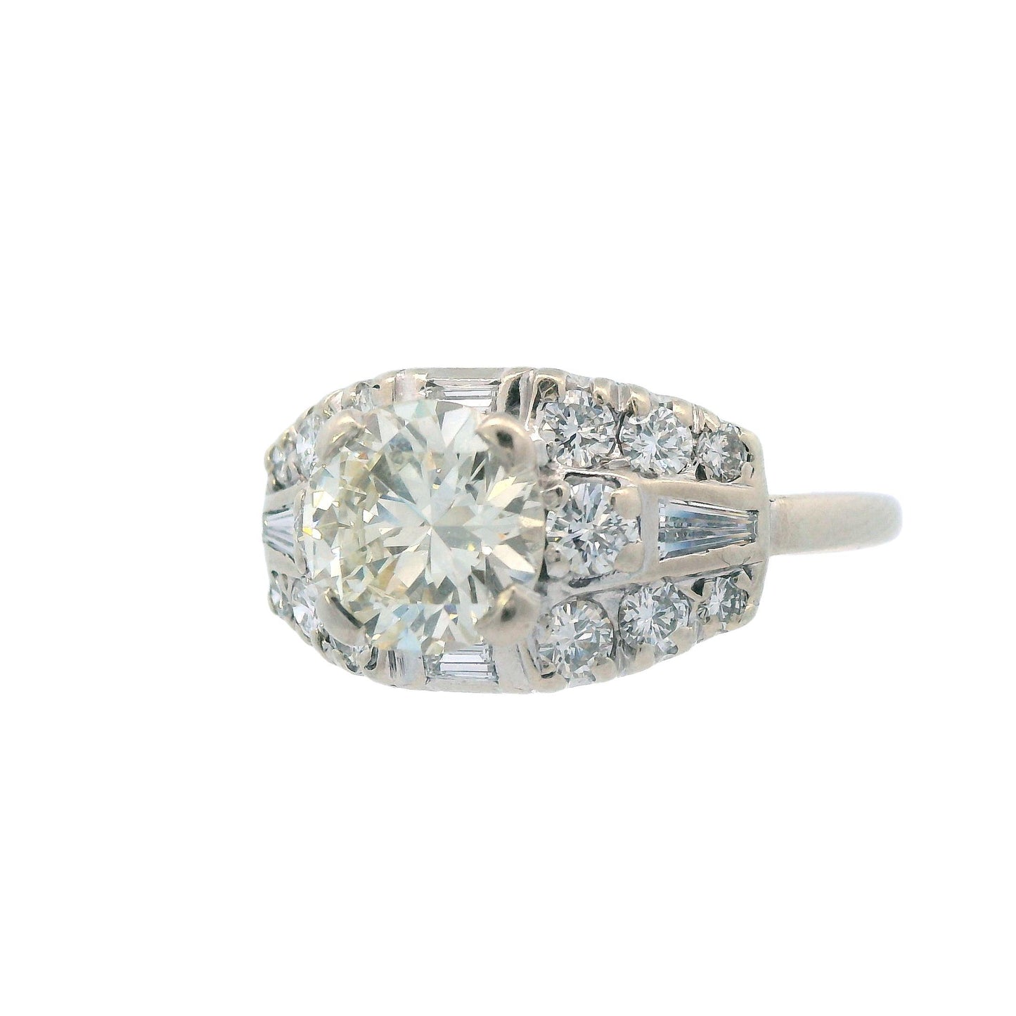 1950s Deco 14k White Gold and Round/Baguette Diamond Ring