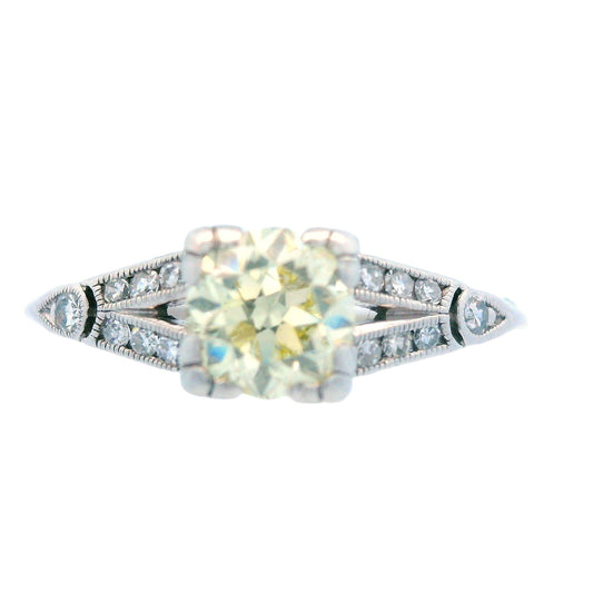 Art Deco Platinum and Fancy Yellow Diamond Engagement Ring