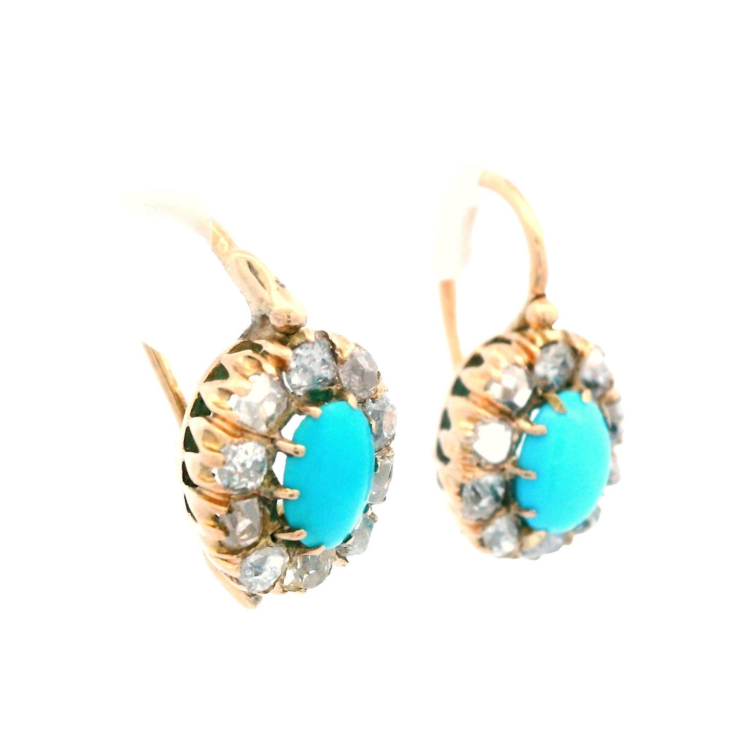 1880 Victorian Russian 14 Karat Gold Turquoise Diamond Drop Earrings
