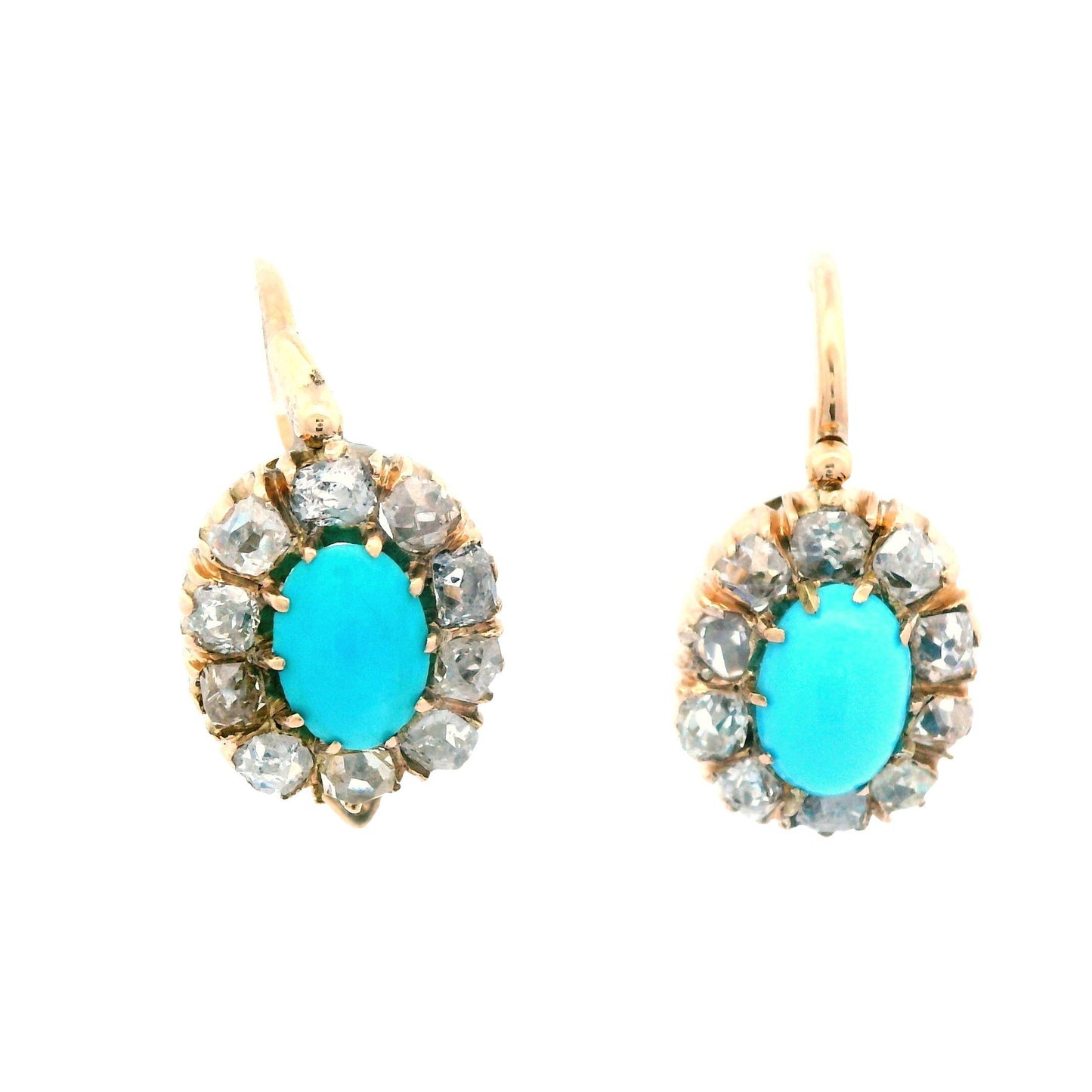 1880 Victorian Russian 14 Karat Gold Turquoise Diamond Drop Earrings