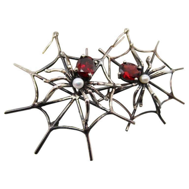 1960s 4 Carat Red Garnet Sterling Silver Handmade Spider Dangle Earrings