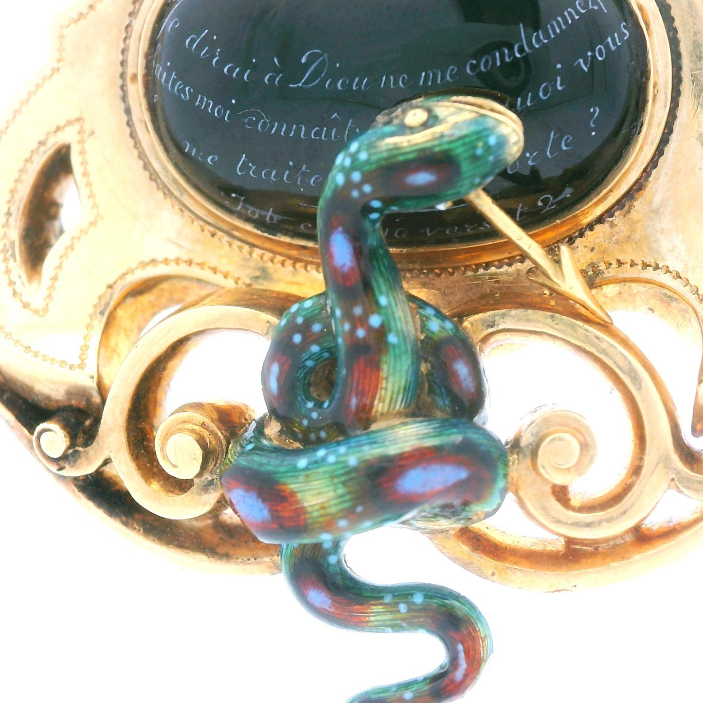 1900s 18k Yellow Gold French LEROY ET FIL Pendant w/ Black Enamel Serpent