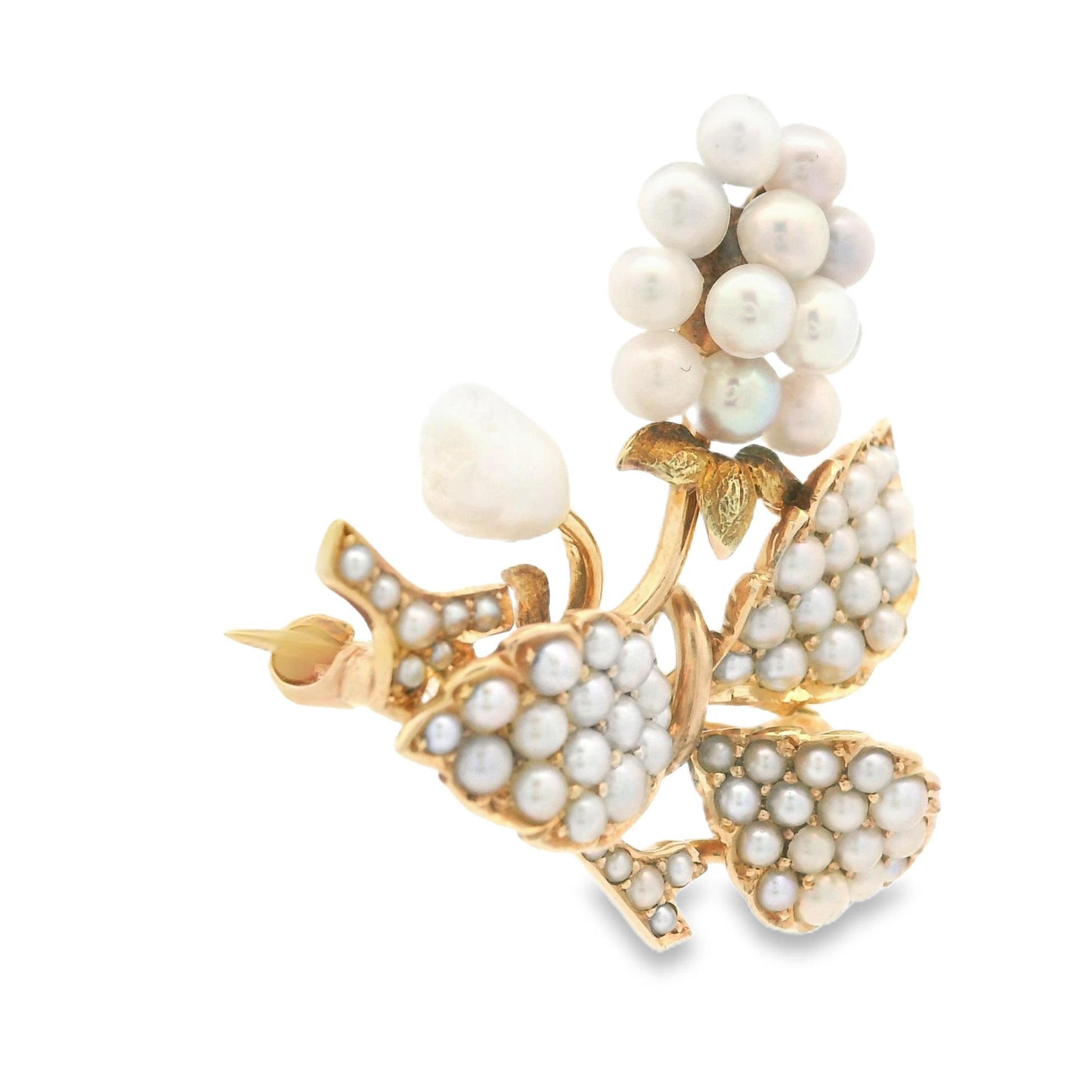 1890s 14k Yellow Gold Bippart, Griscom & Osborn Seed Pearl Grape Vine Brooch