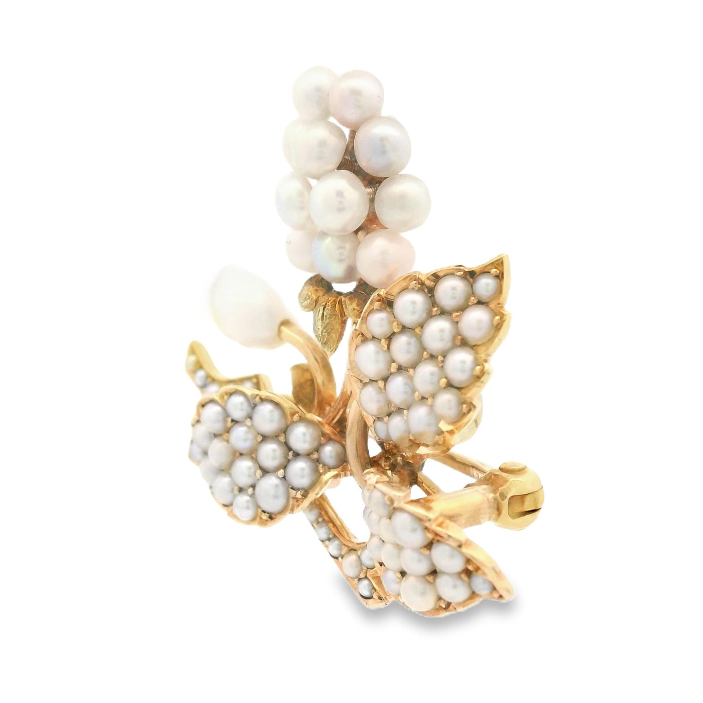 1890s 14k Yellow Gold Bippart, Griscom & Osborn Seed Pearl Grape Vine Brooch