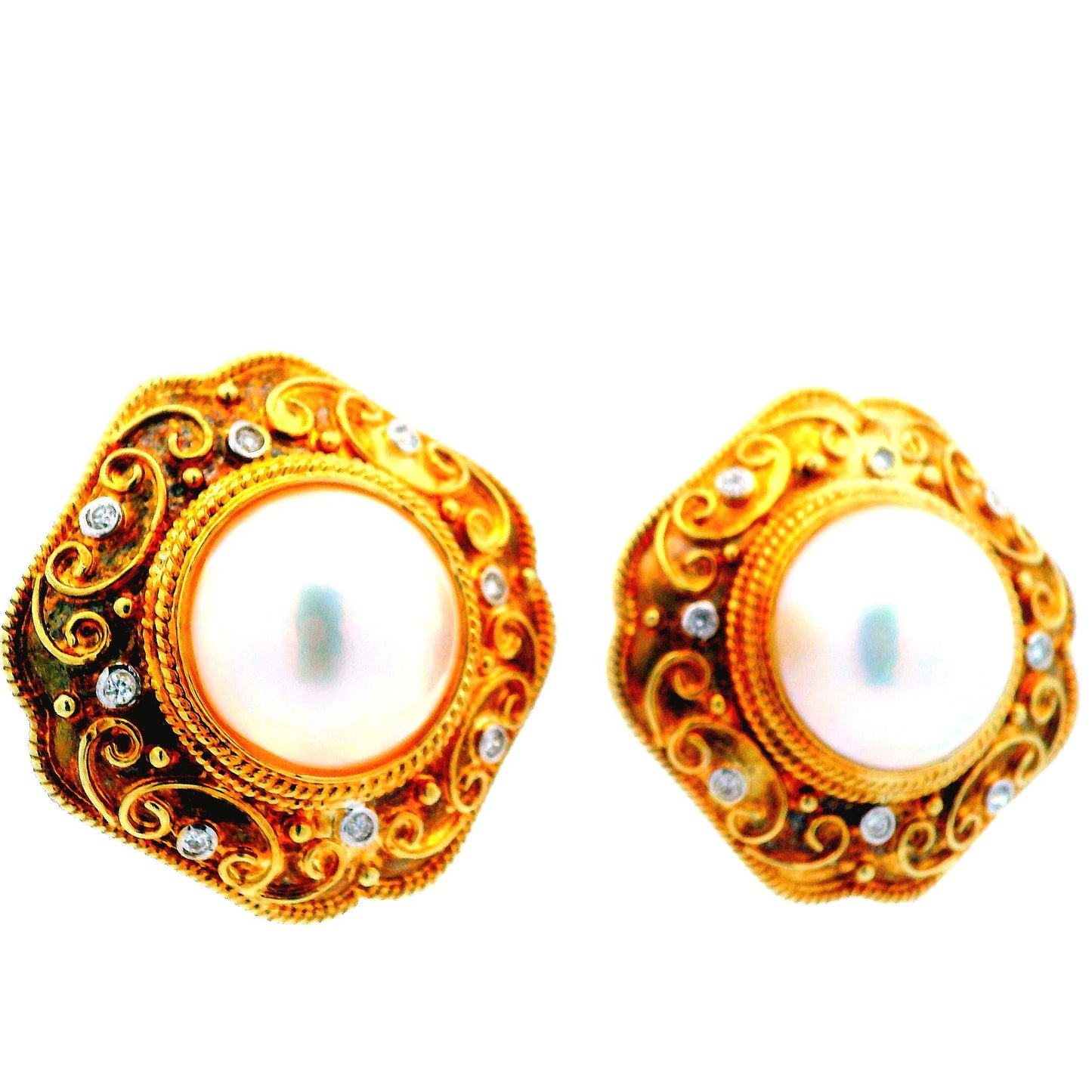 14K Yellow Gold 14.5mm Mabe Peal and Diamond Earrings