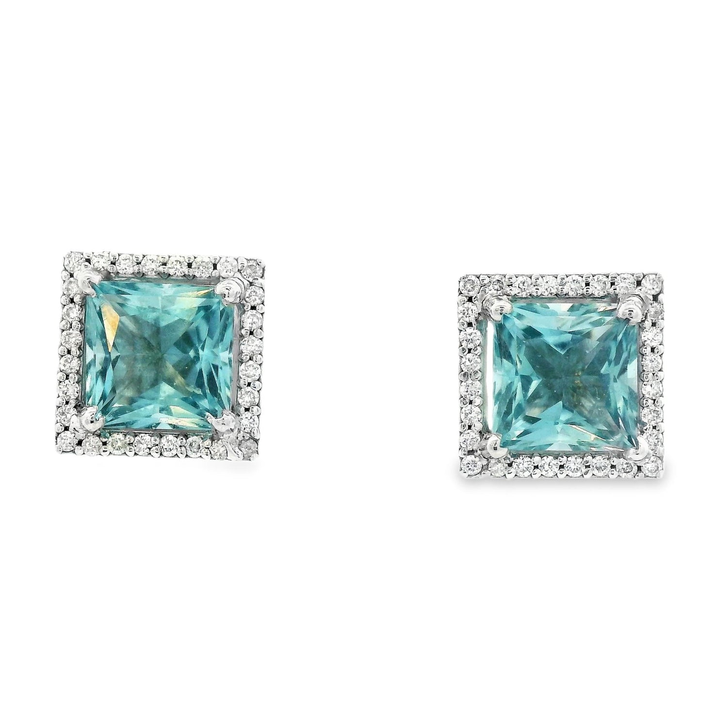 Contemporary 14k White Gold Natural Beryl Aquamarine & Diamond Stud Earrings