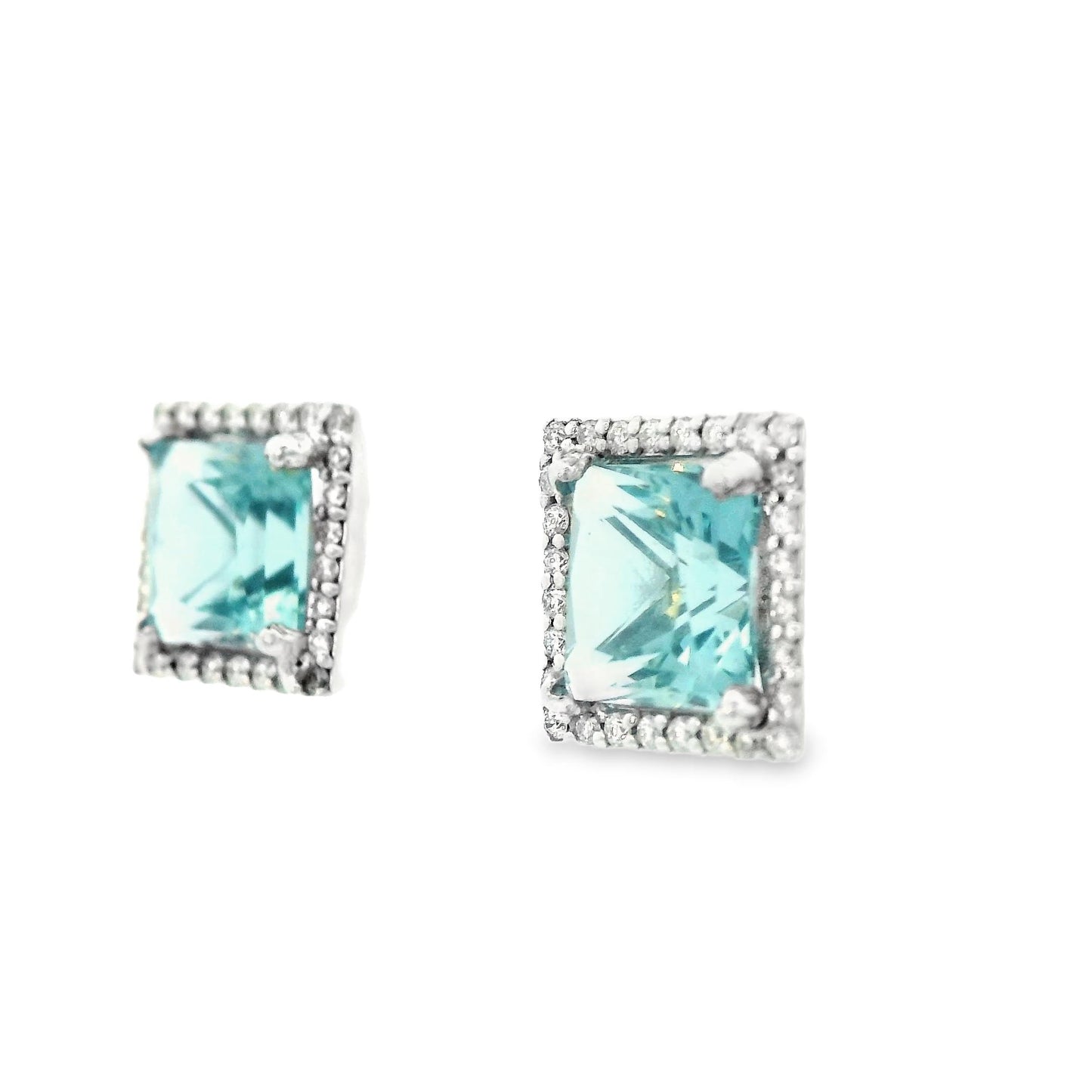 Contemporary 14k White Gold Natural Beryl Aquamarine & Diamond Stud Earrings