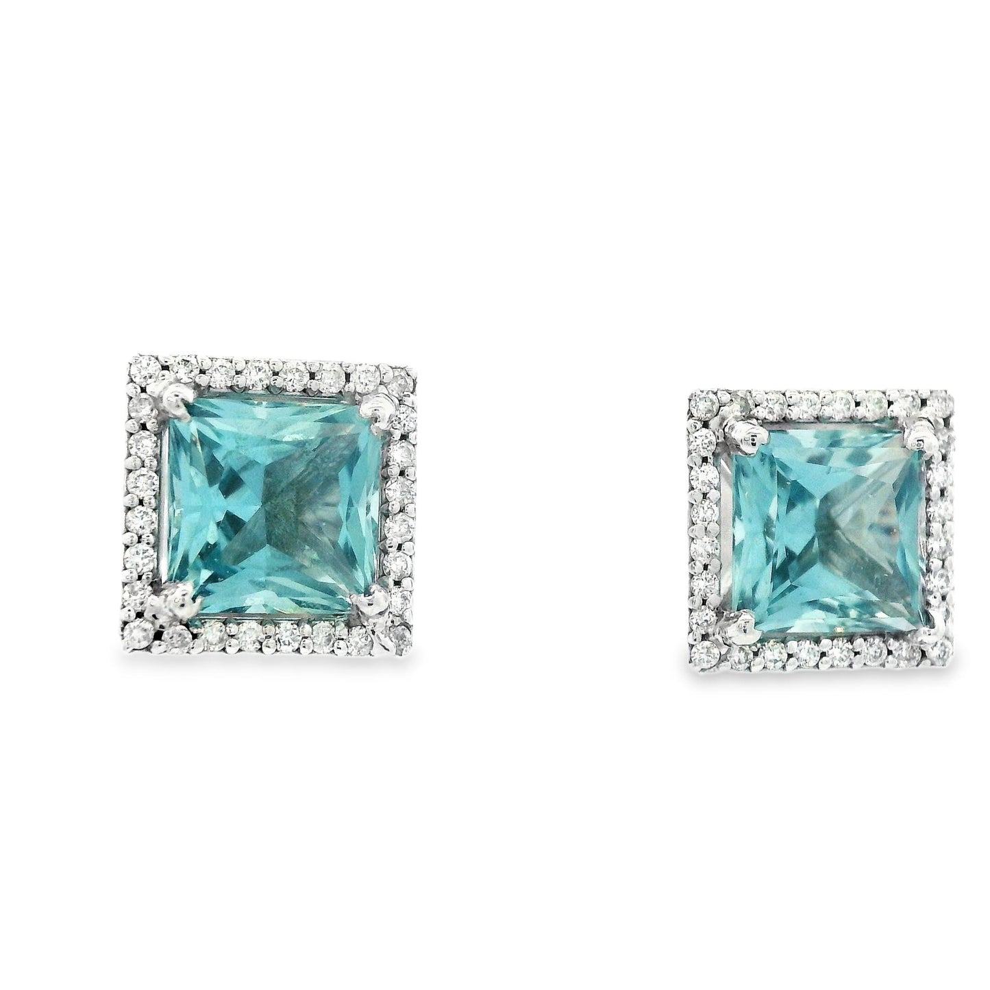 Contemporary 14k White Gold Natural Beryl Aquamarine & Diamond Stud Earrings