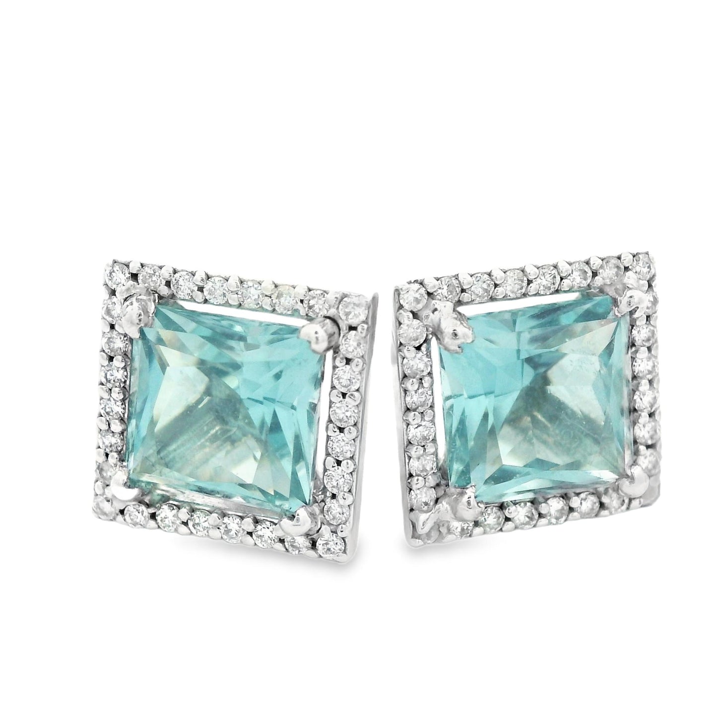 Contemporary 14k White Gold Natural Beryl Aquamarine & Diamond Stud Earrings