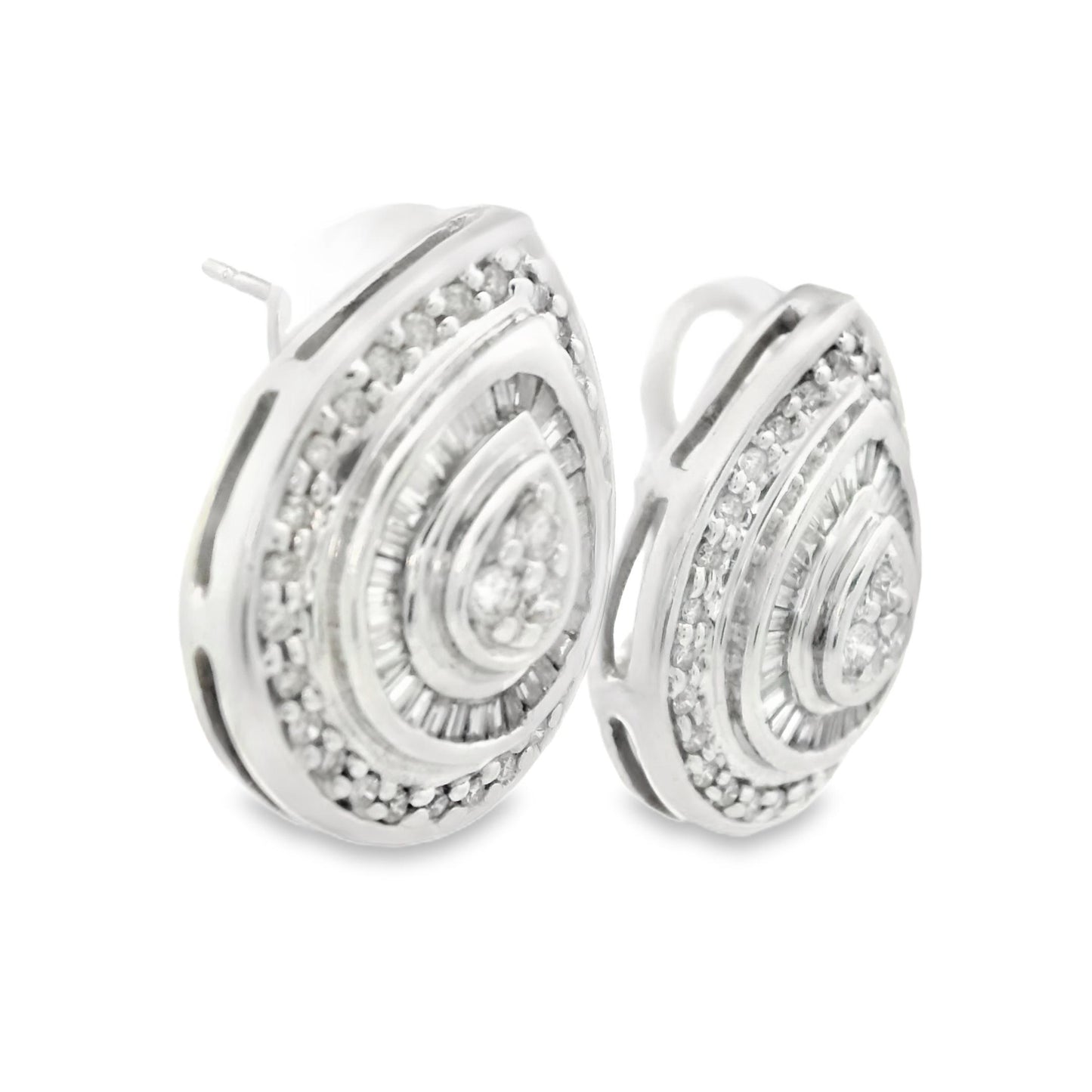 1990s 14k White Gold Baguette and Round Cut Diamond Earrings