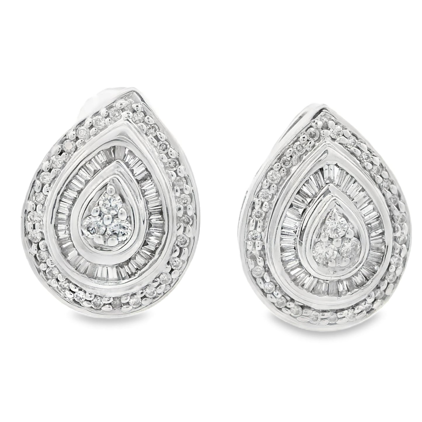 1990s 14k White Gold Baguette and Round Cut Diamond Earrings