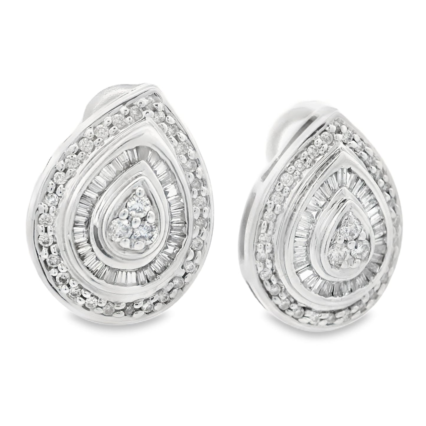 1990s 14k White Gold Baguette and Round Cut Diamond Earrings