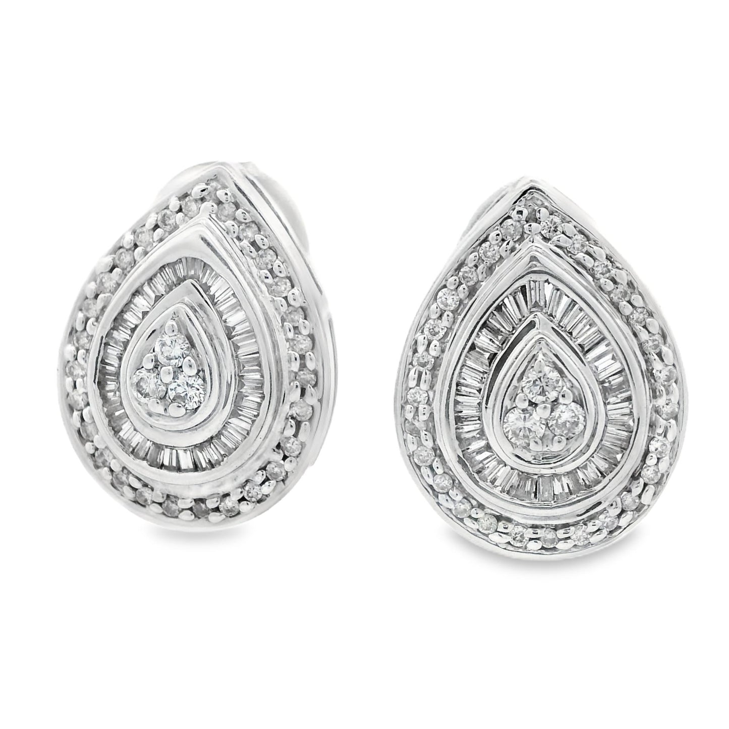 1990s 14k White Gold Baguette and Round Cut Diamond Earrings
