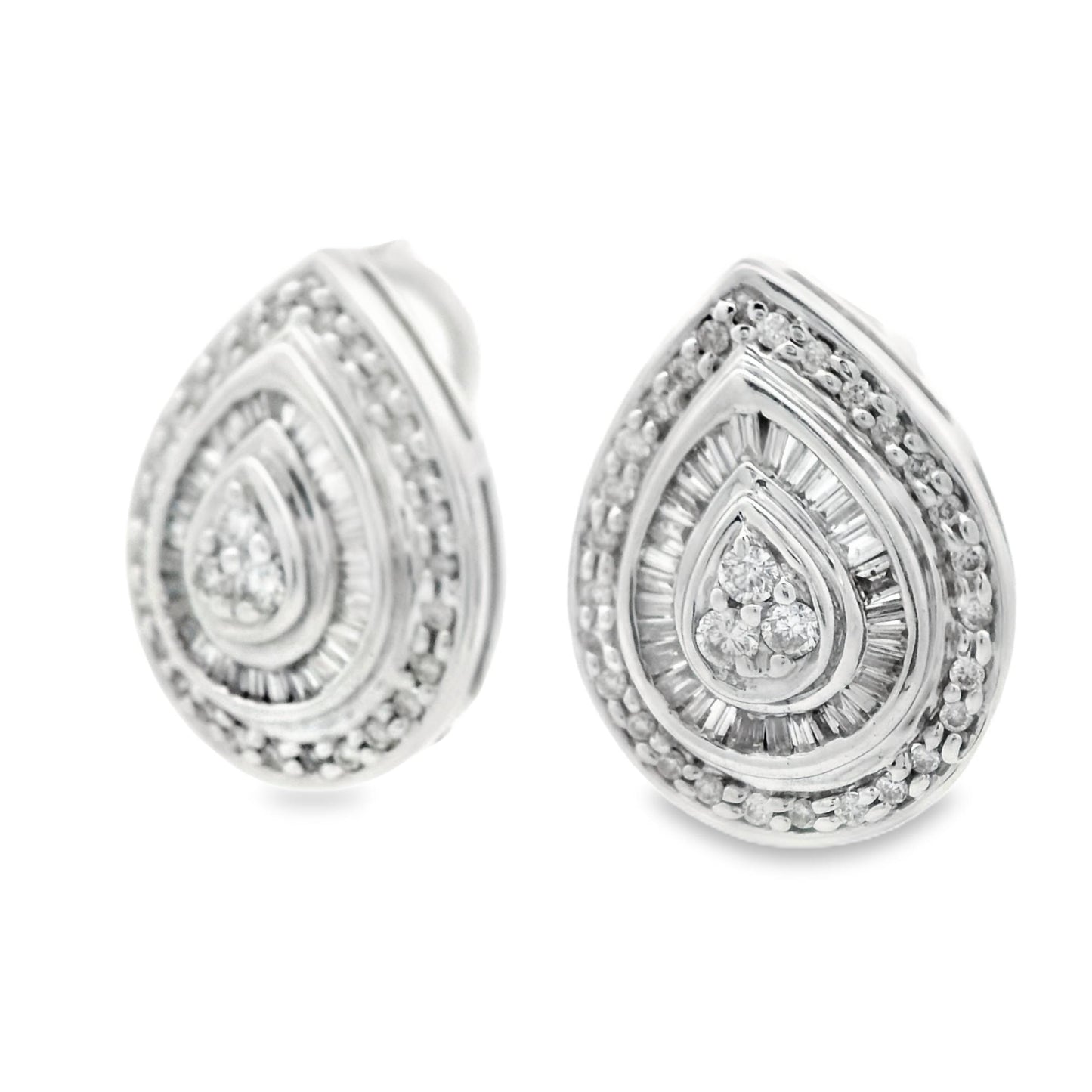 1990s 14k White Gold Baguette and Round Cut Diamond Earrings