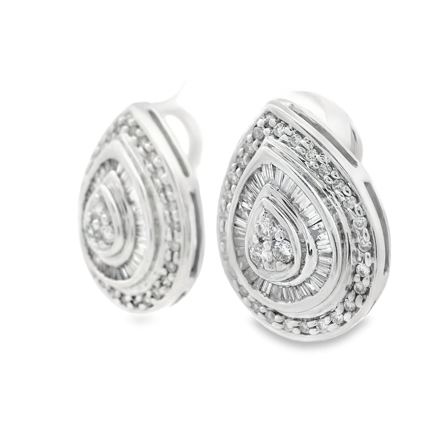 1990s 14k White Gold Baguette and Round Cut Diamond Earrings