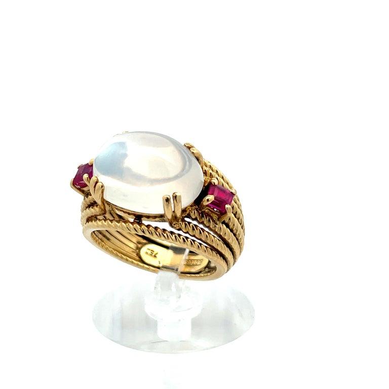 18K Yellow Gold Contemporary-Designer handmade Moonstone & RED Ruby Ring