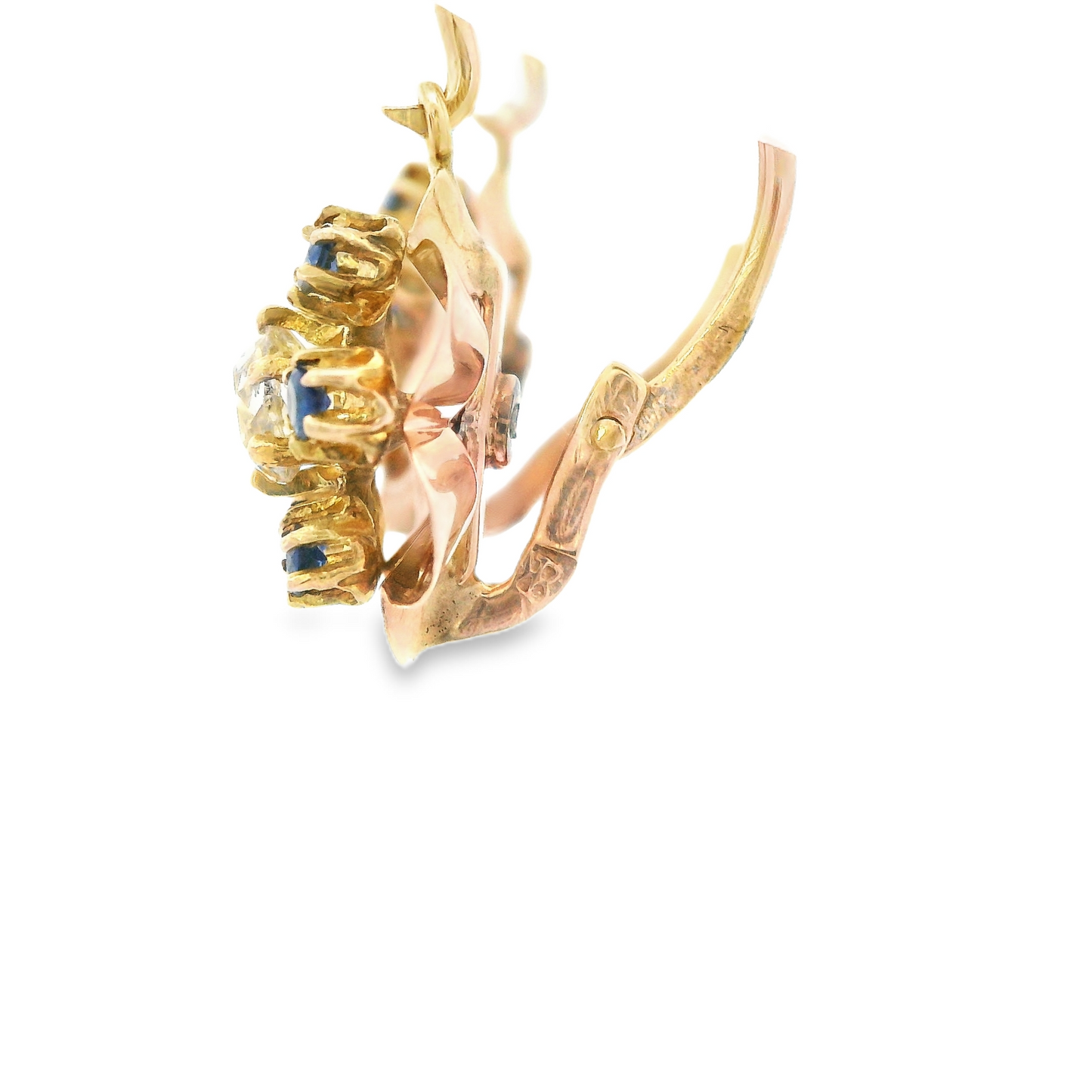 1890 Victorian 14k Rose Gold Diamond/Sapphire Flower Drop Earrings