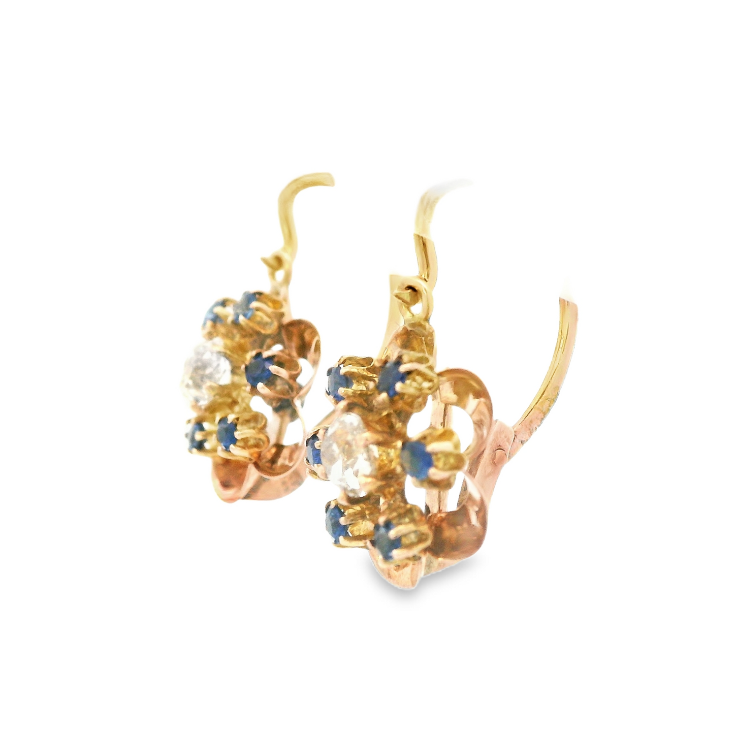 1890 Victorian 14k Rose Gold Diamond/Sapphire Flower Drop Earrings