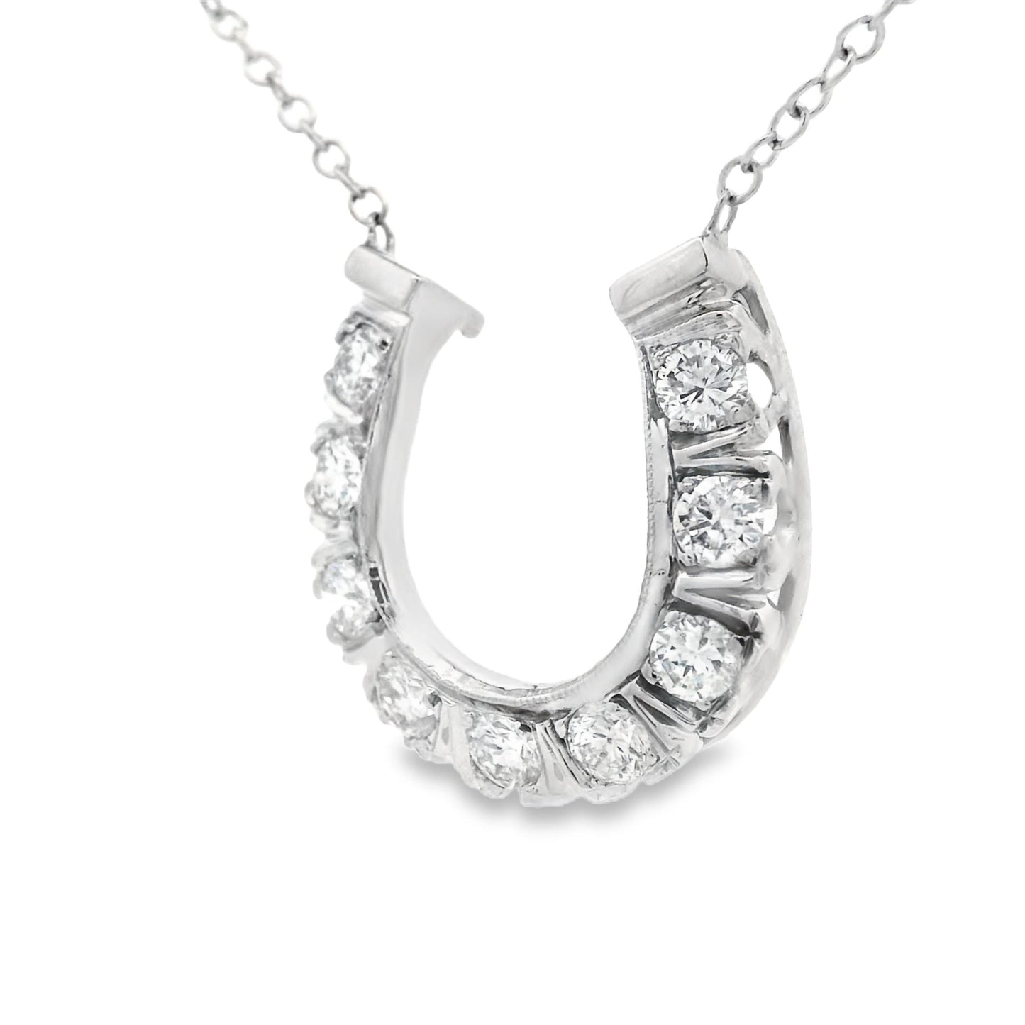 1980s 14k White Gold and Diamond Horseshoe Necklace w/ Appraisal
