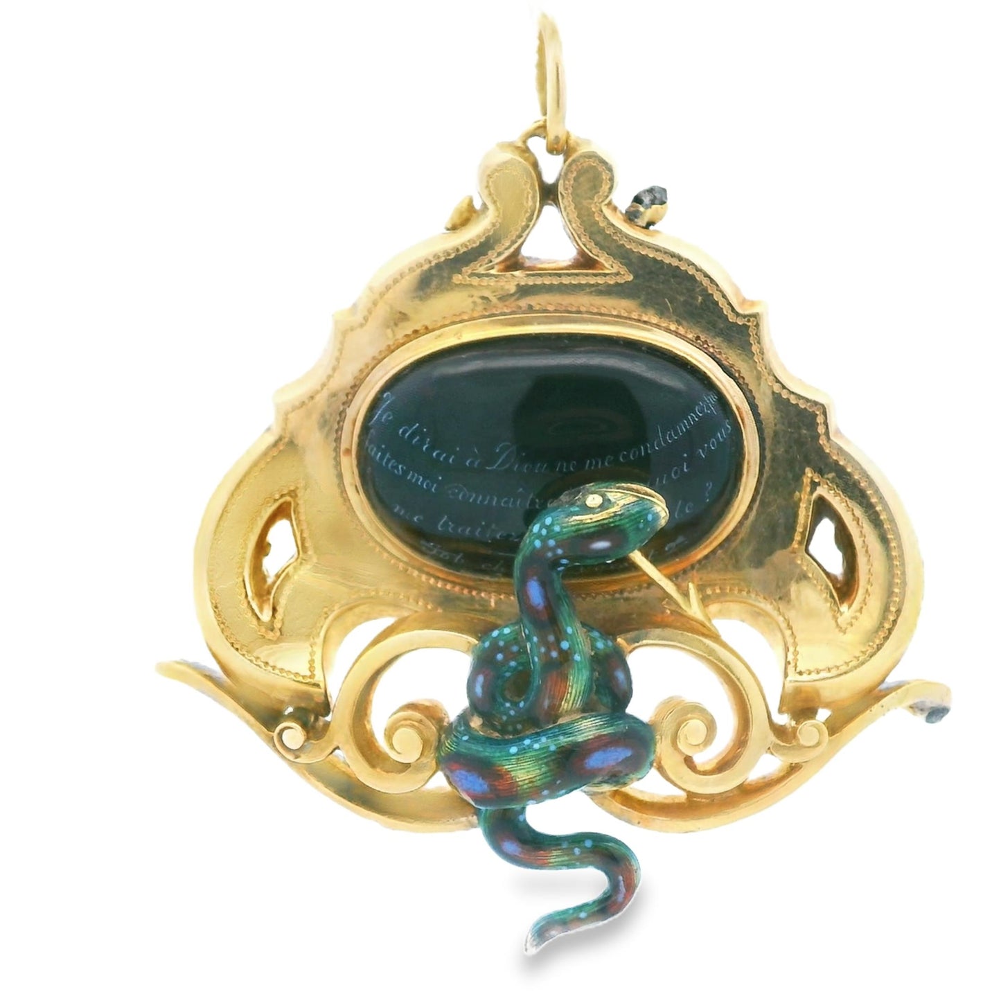 1900s 18k Yellow Gold French LEROY ET FIL Pendant w/ Black Enamel Serpent