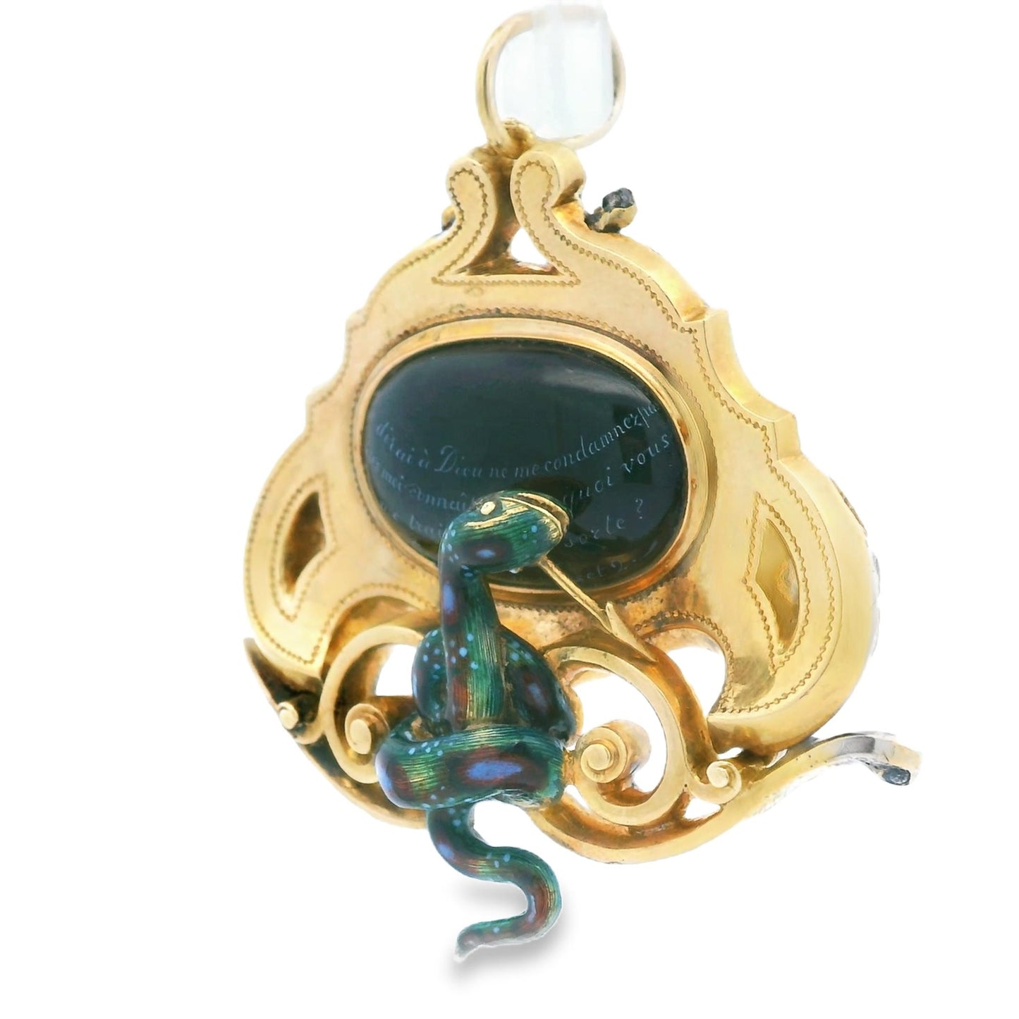 1900s 18k Yellow Gold French LEROY ET FIL Pendant w/ Black Enamel Serpent