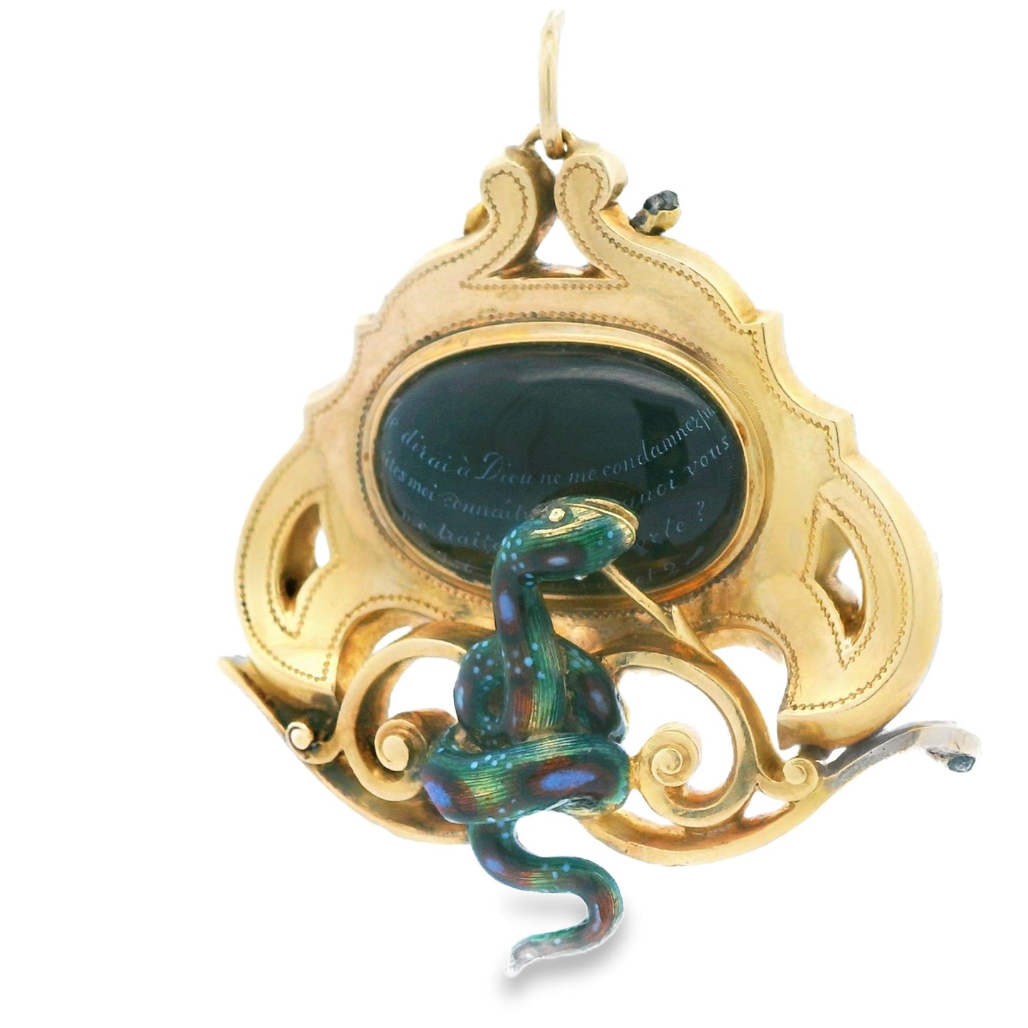 1900s 18k Yellow Gold French LEROY ET FIL Pendant w/ Black Enamel Serpent