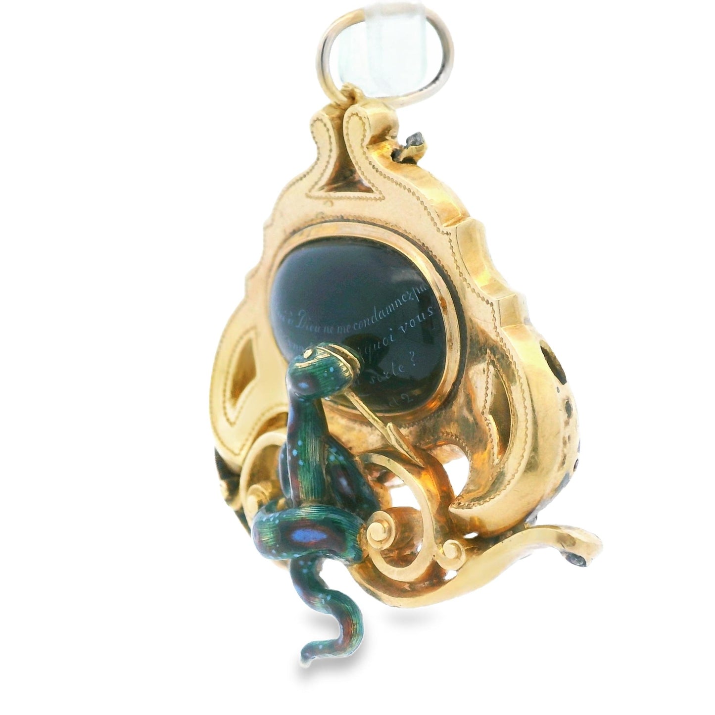 1900s 18k Yellow Gold French LEROY ET FIL Pendant w/ Black Enamel Serpent