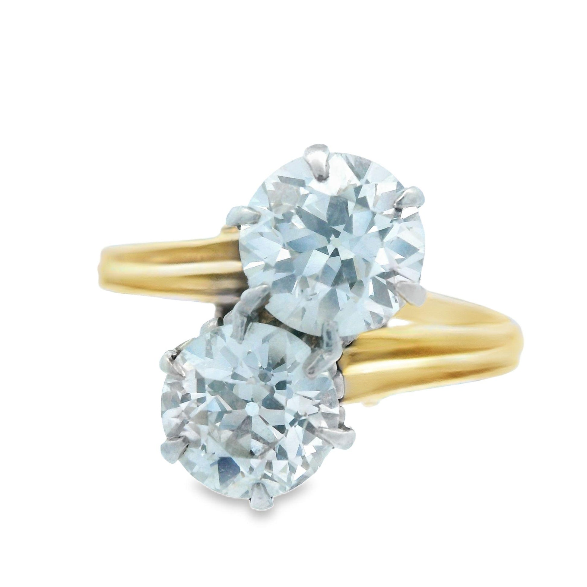 1910 Edwardian 14k Yellow and Platinum Gold Toi et Moi 2 Carat Diamond Ring