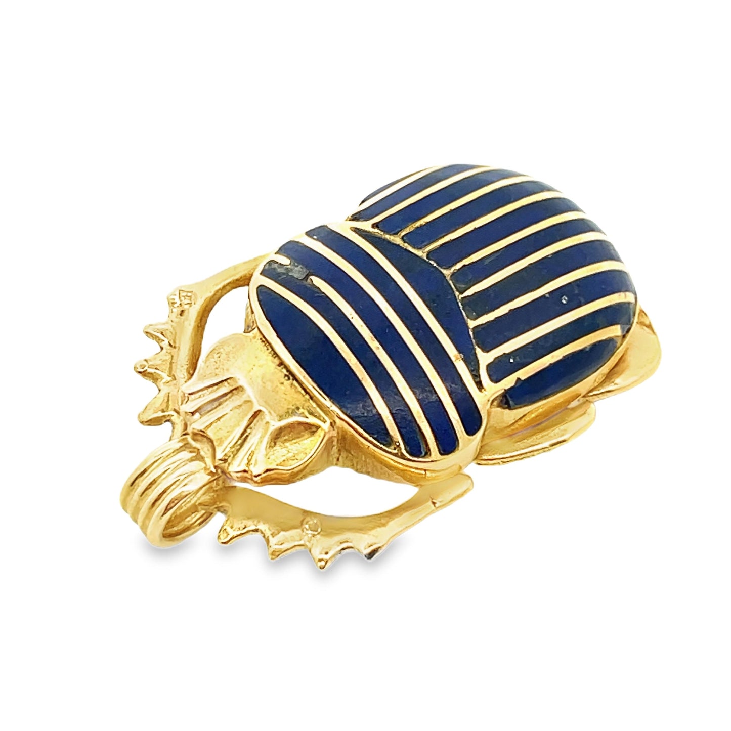 Egyptian 18k Yellow Gold Scarab Beatle Pendant w/ Inlaid Lapis