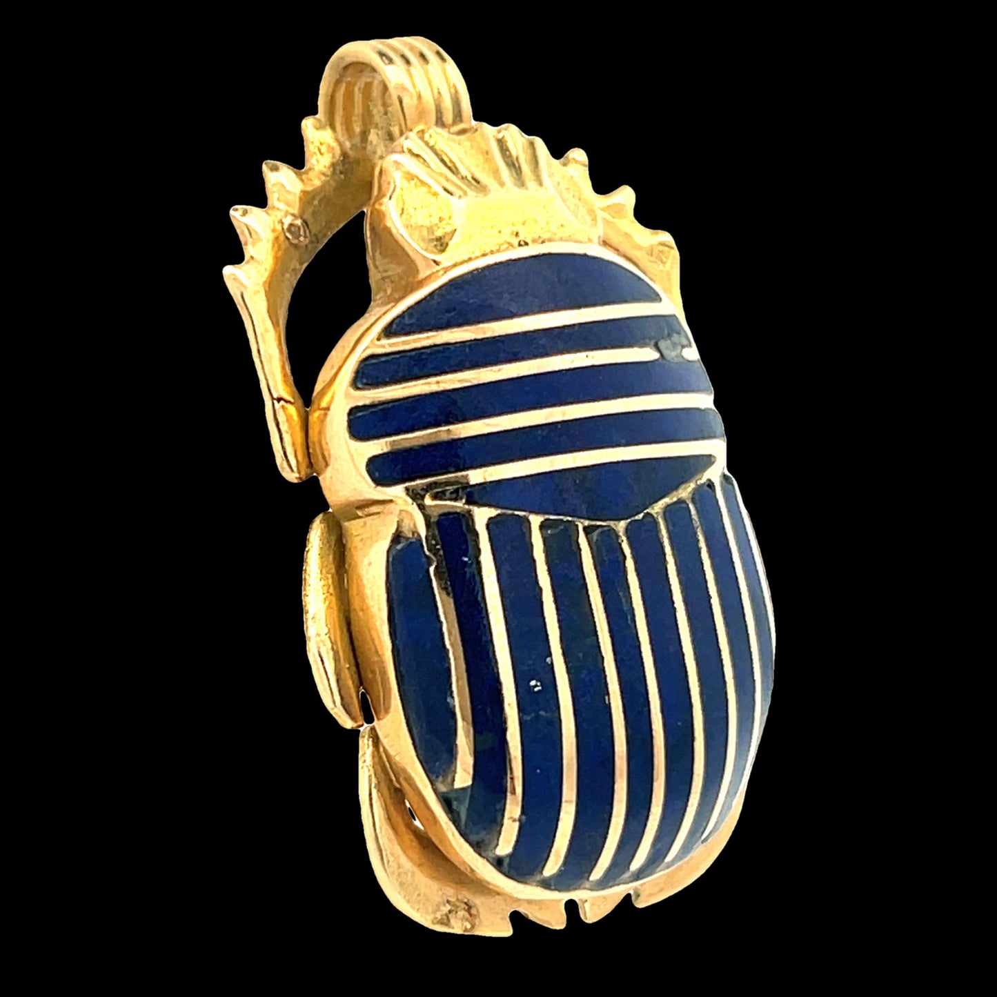 Egyptian 18k Yellow Gold Scarab Beatle Pendant w/ Inlaid Lapis