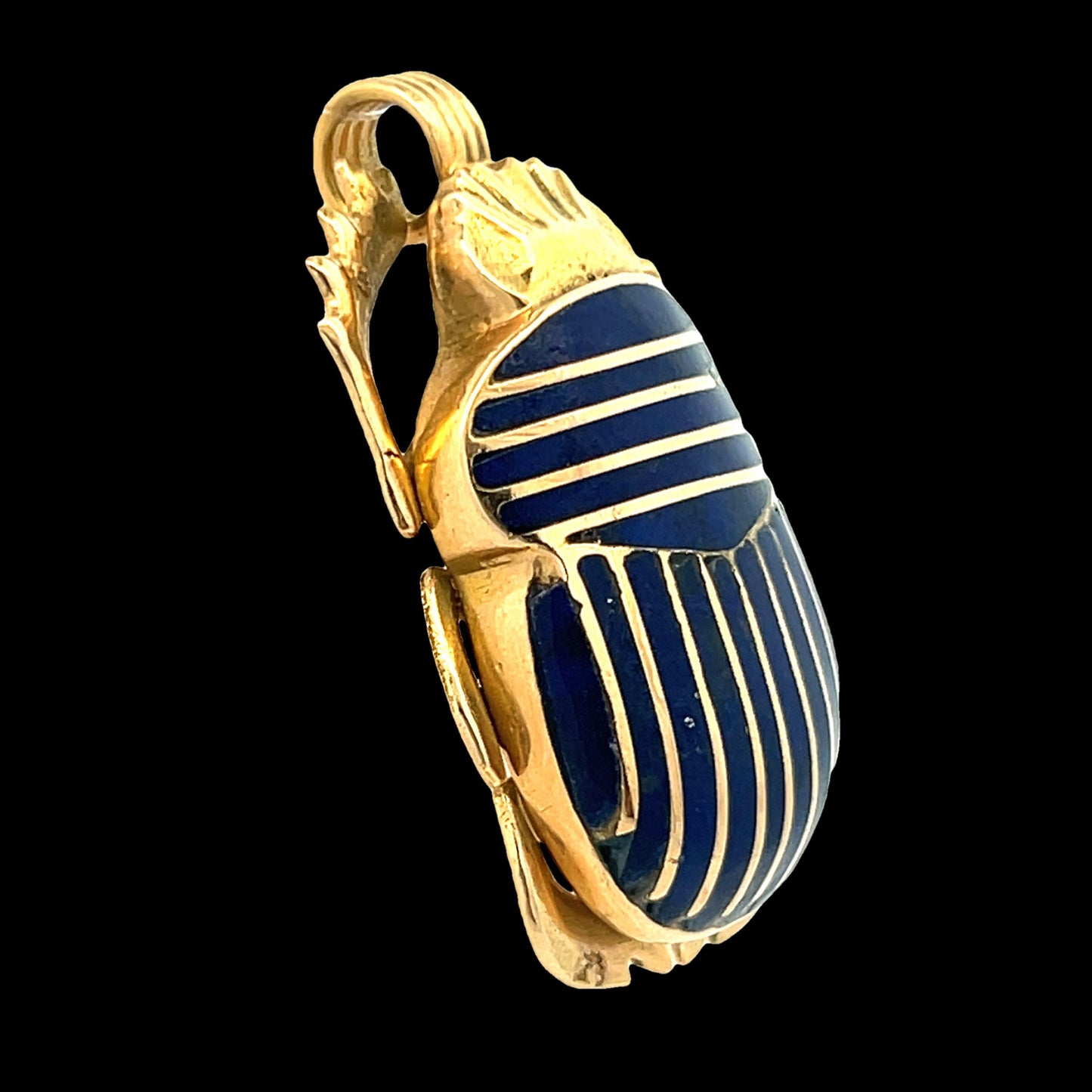 Egyptian 18k Yellow Gold Scarab Beatle Pendant w/ Inlaid Lapis