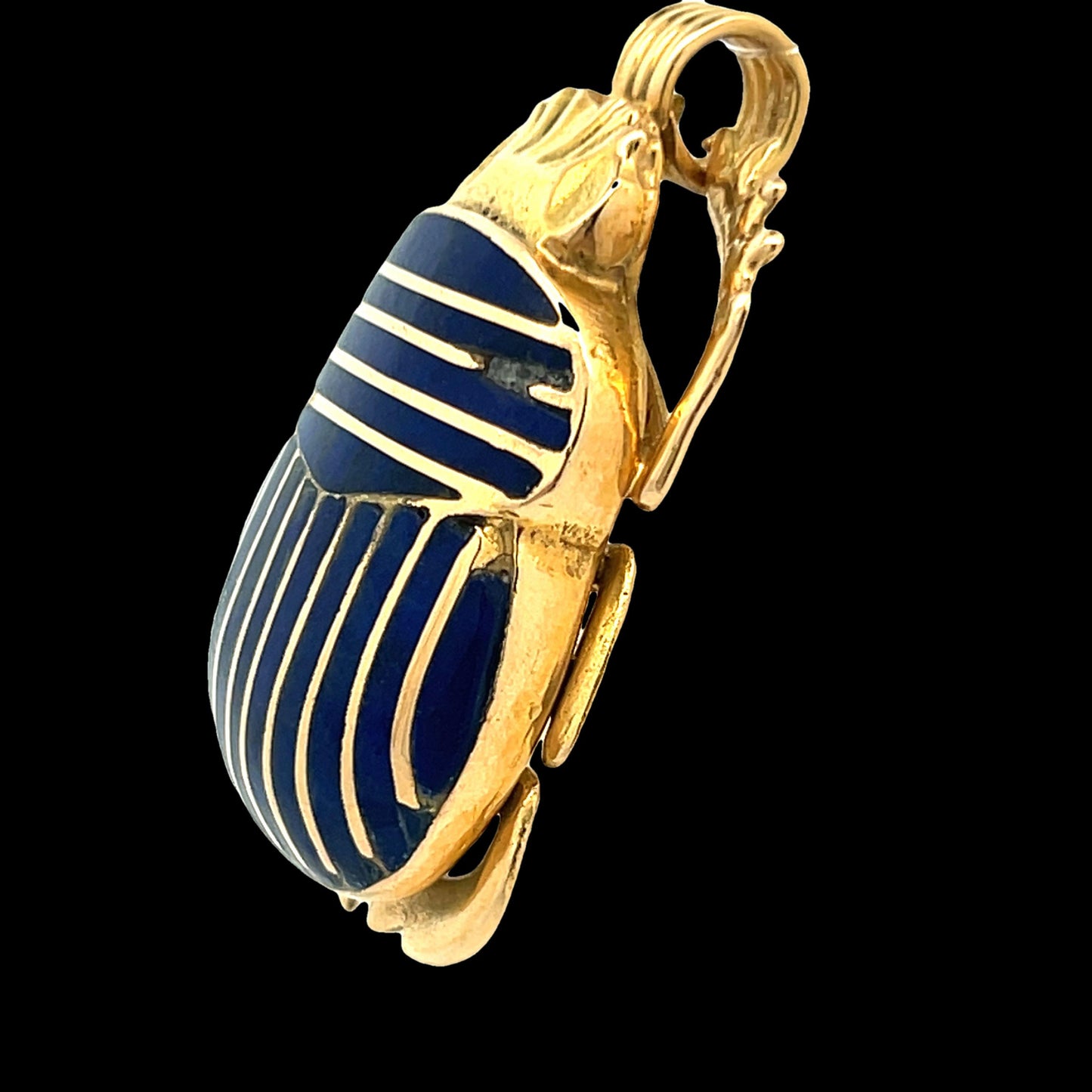 Egyptian 18k Yellow Gold Scarab Beatle Pendant w/ Inlaid Lapis