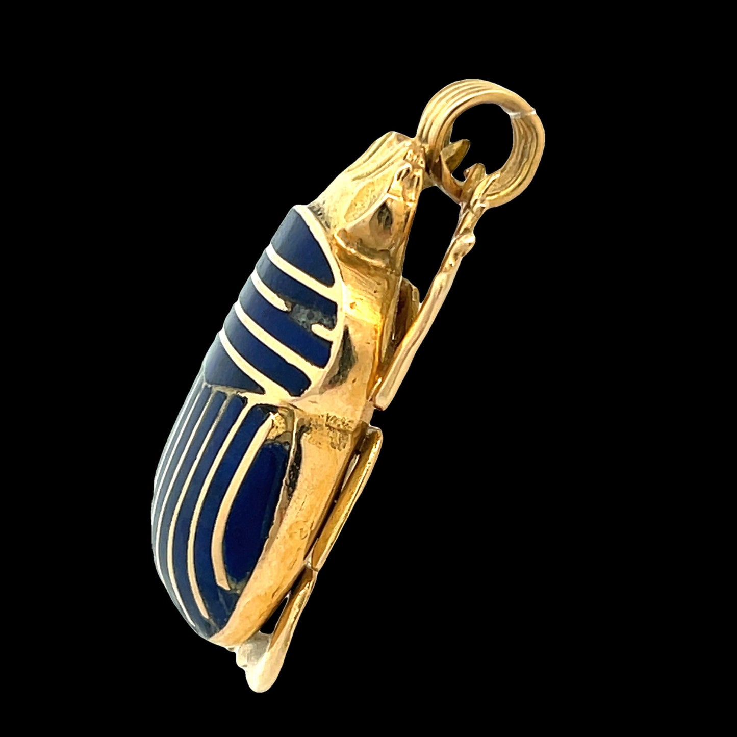 Egyptian 18k Yellow Gold Scarab Beatle Pendant w/ Inlaid Lapis