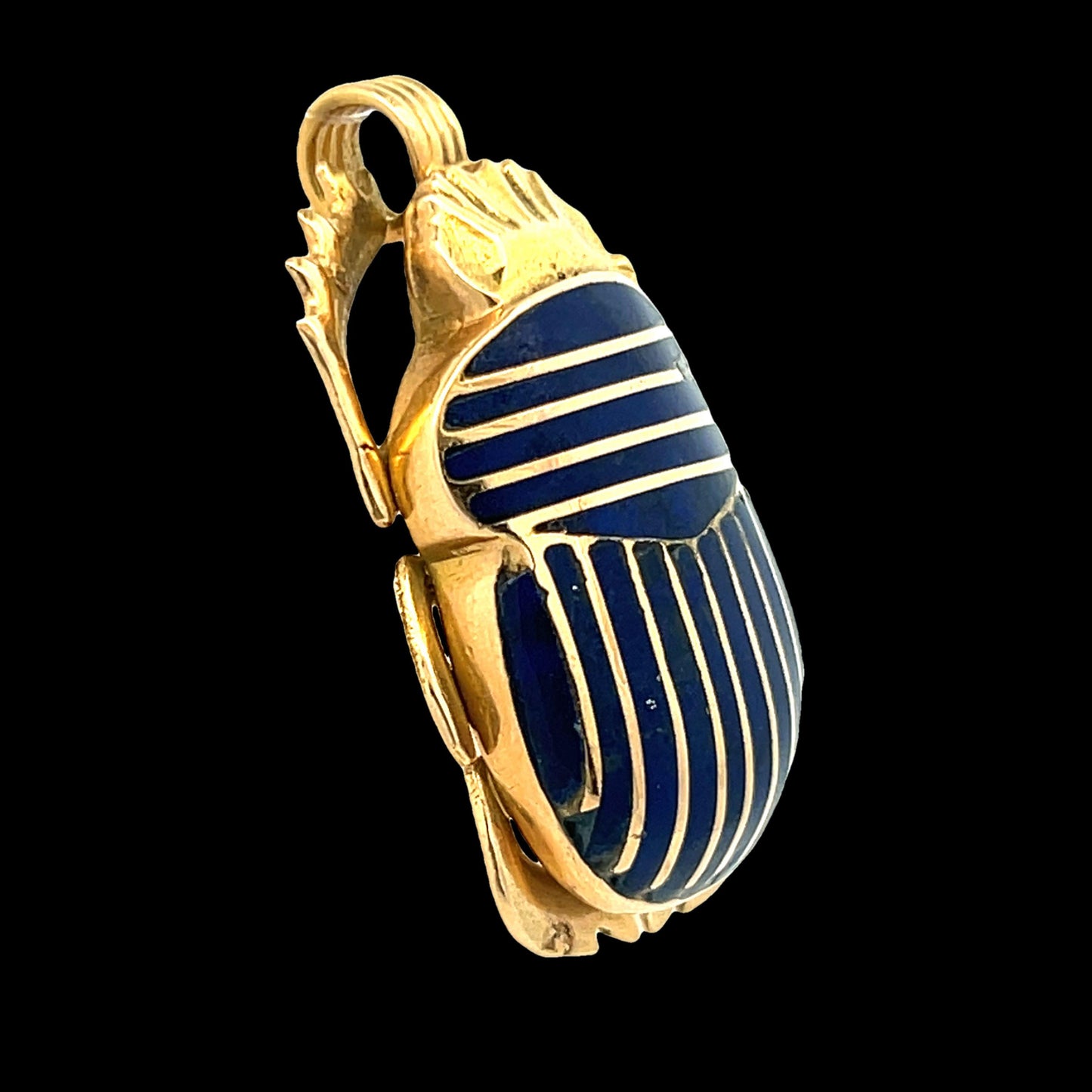 Egyptian 18k Yellow Gold Scarab Beatle Pendant w/ Inlaid Lapis